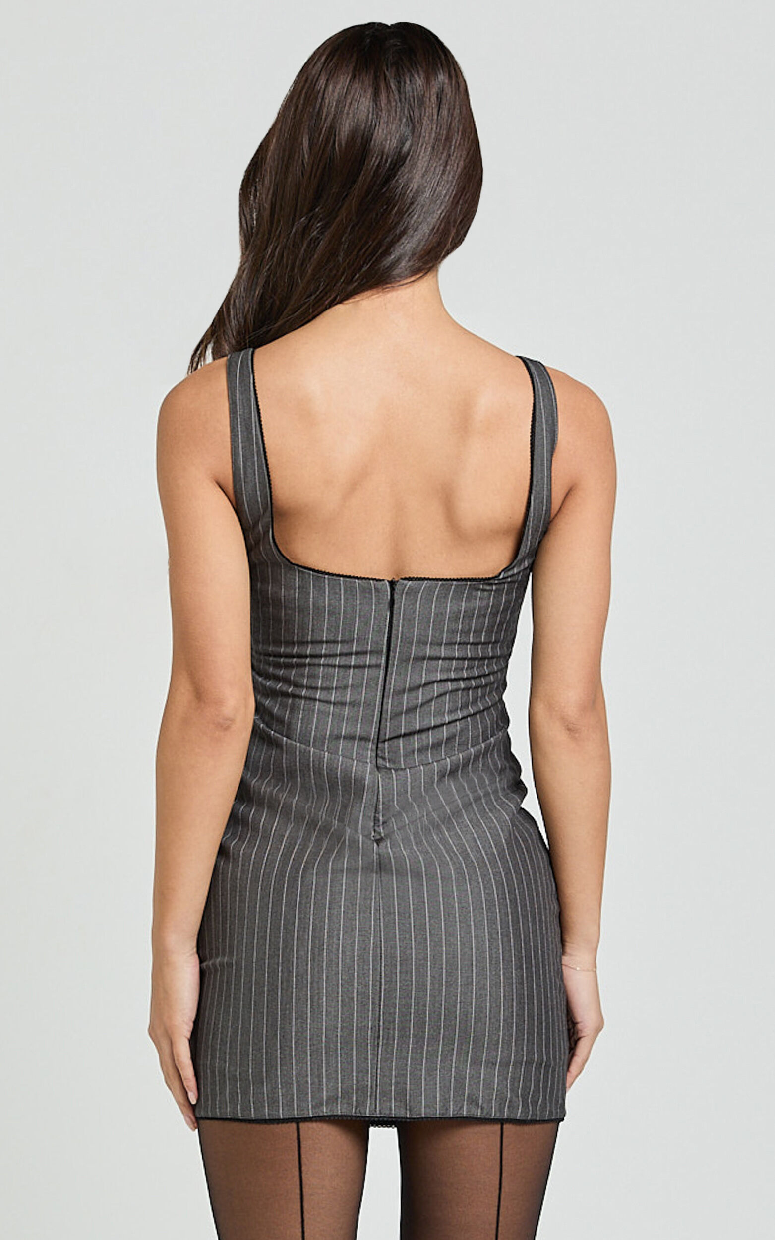 Tracey Mini Dress - Scoop Neck Bodycon Detailed Hem Dress in Charcoal Pinstripe