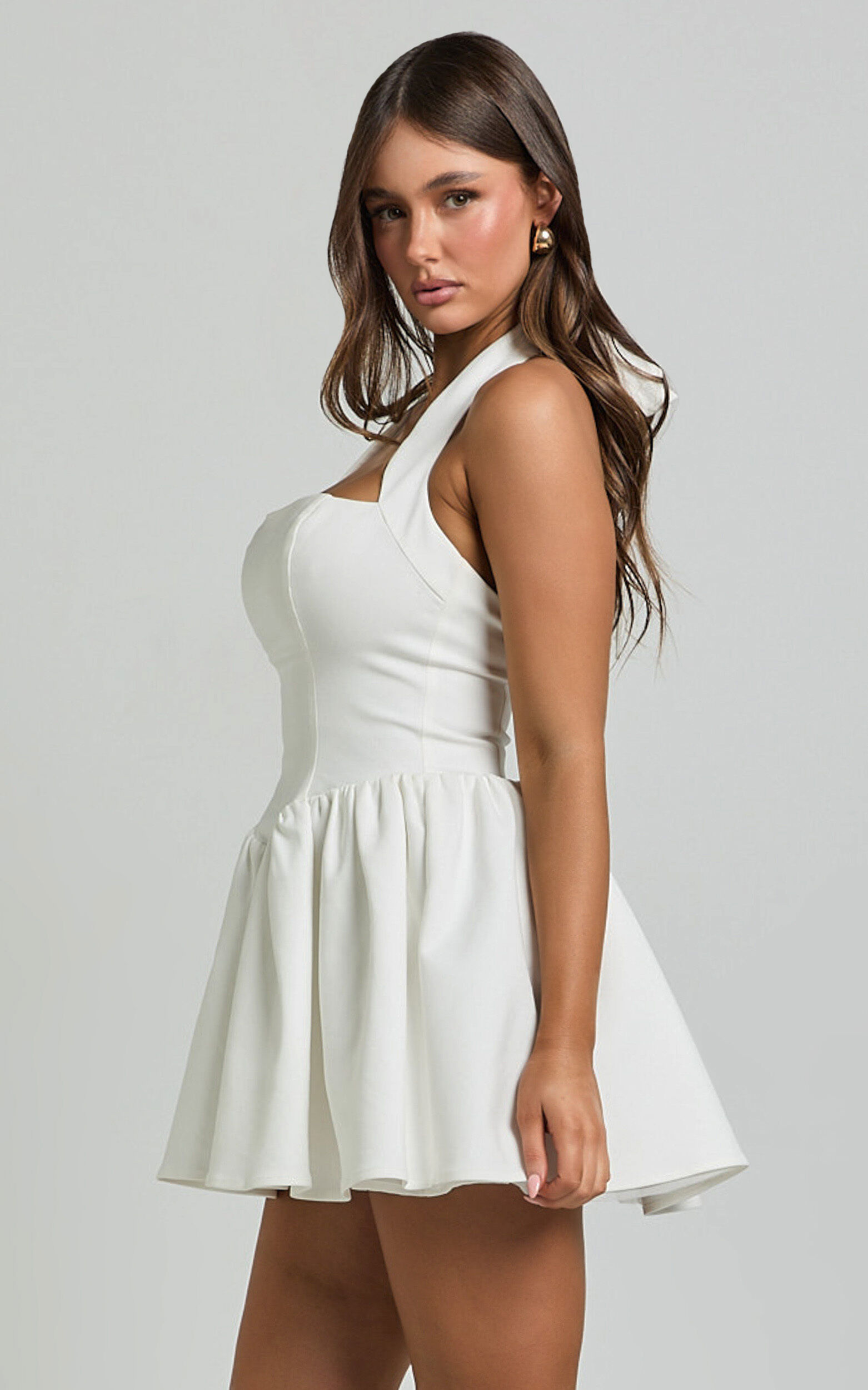 Helda Mini Dress - Halter Tie Neck Corset Panel Dress in White