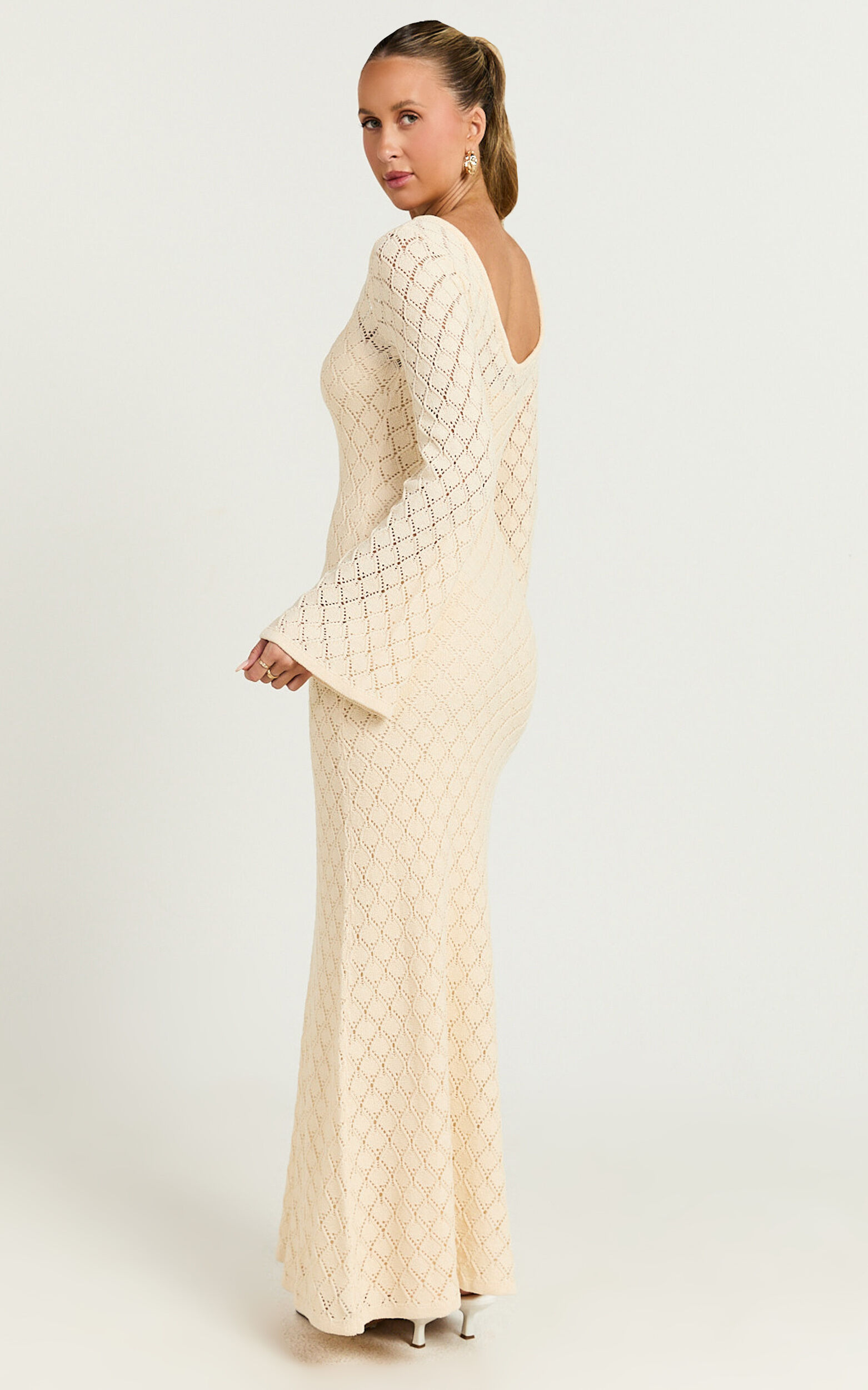 Halsey Maxi Dress - Crochet Scoop Neck Flare Sleeve Dress in Off White