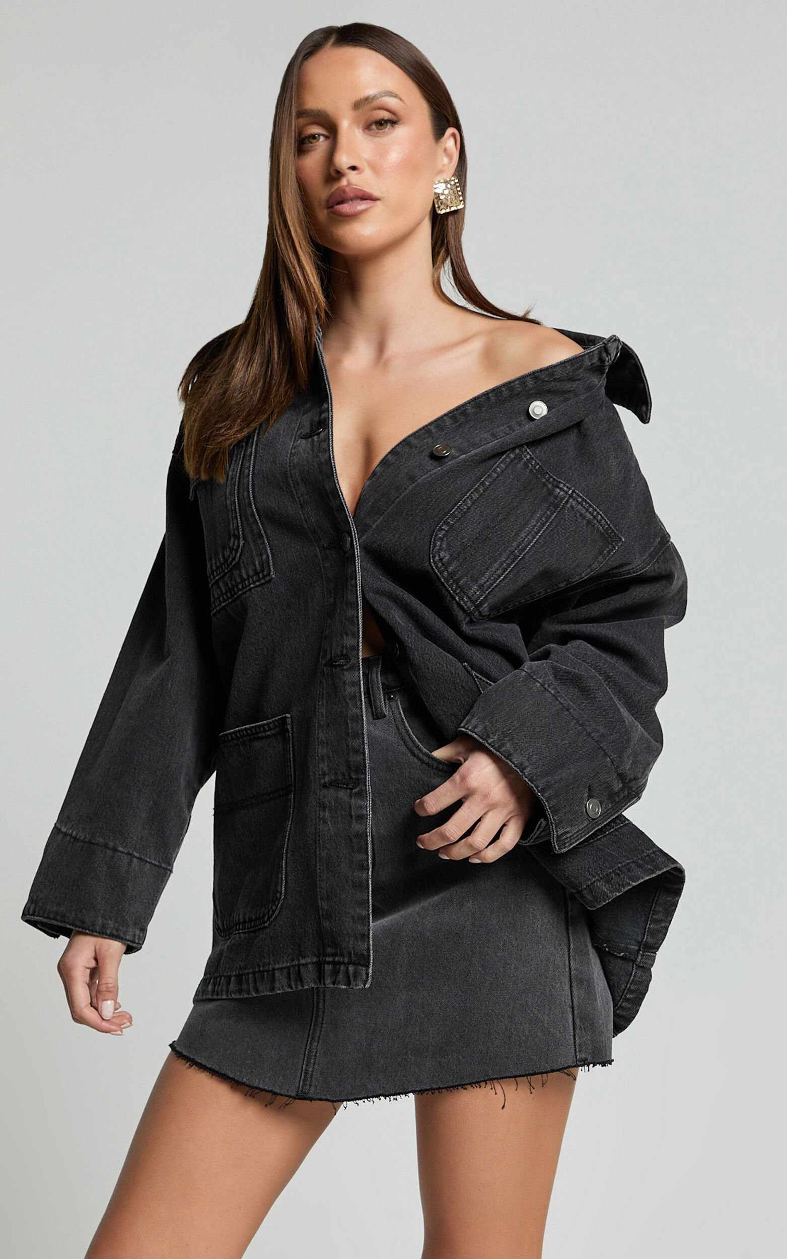 Harlow Jacket - Oversized Long Sleeve Denim Jacket in Black Wash