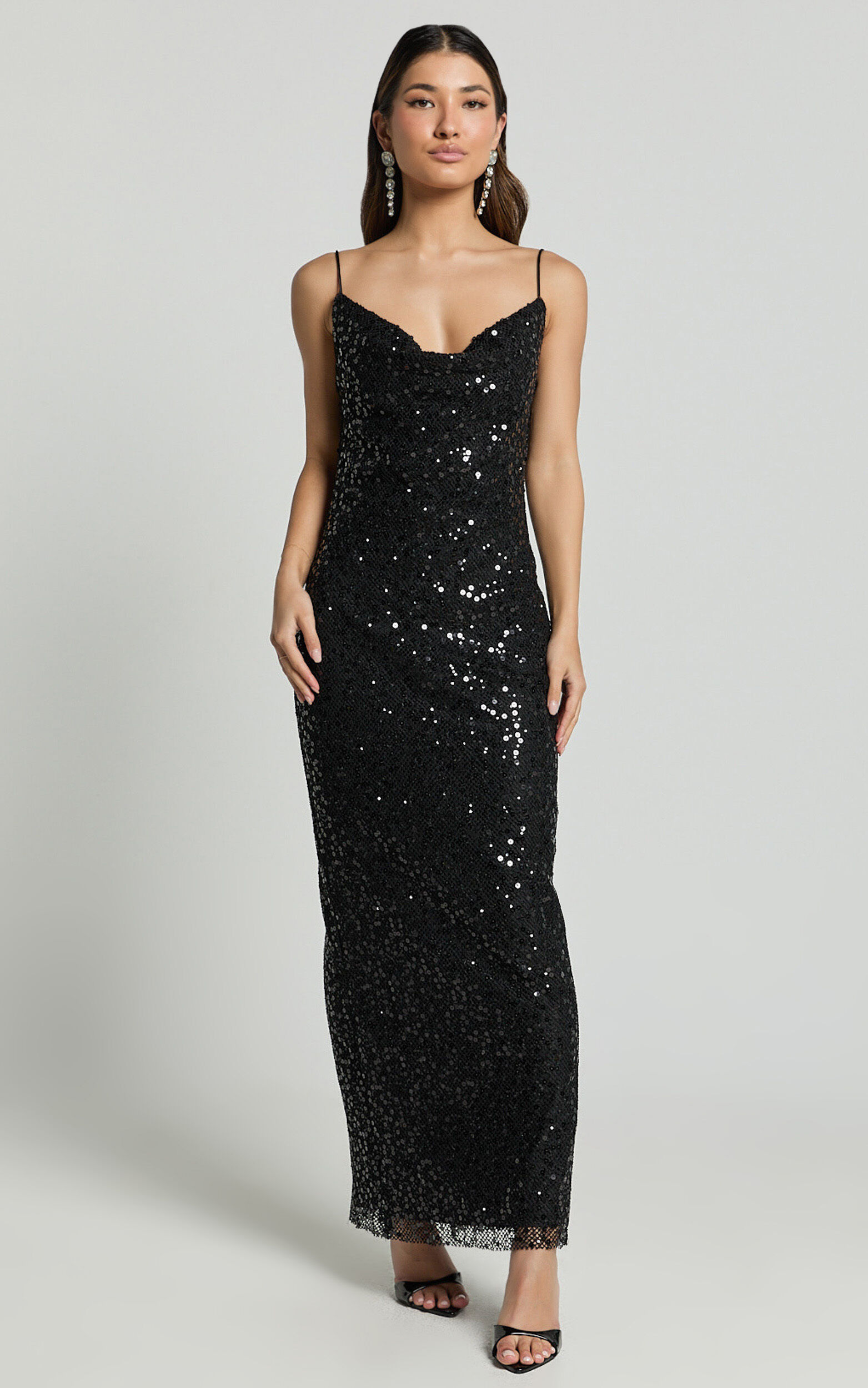 Sally Maxi Dress - Cowl Neck Backless Sequin Mesh Dress in Black