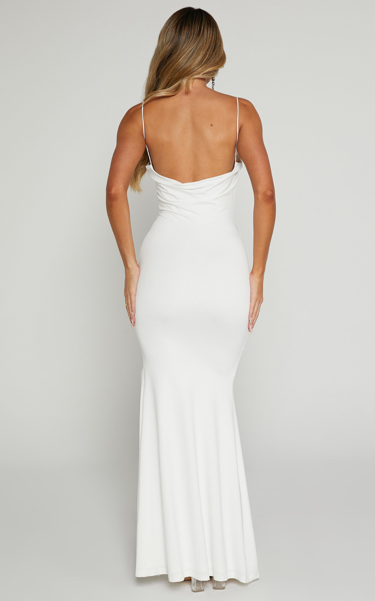 Tasteful Midi Dress - Cowl Neck Bodycon Thigh Split Dress in White
