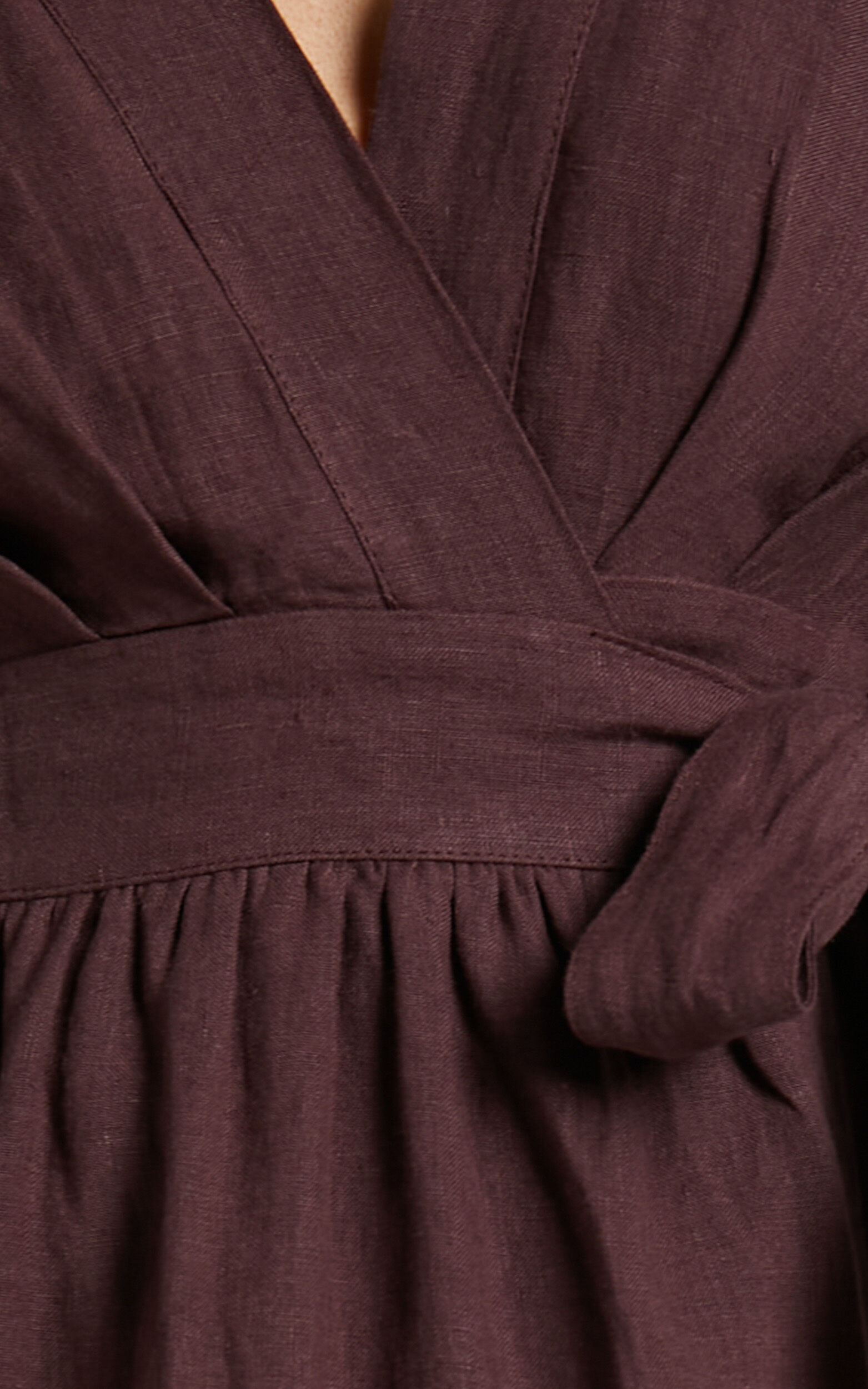 Amalie The Label - Franc Linen Puff Sleeve Wrap Midi Linen Dress in Dark Plum
