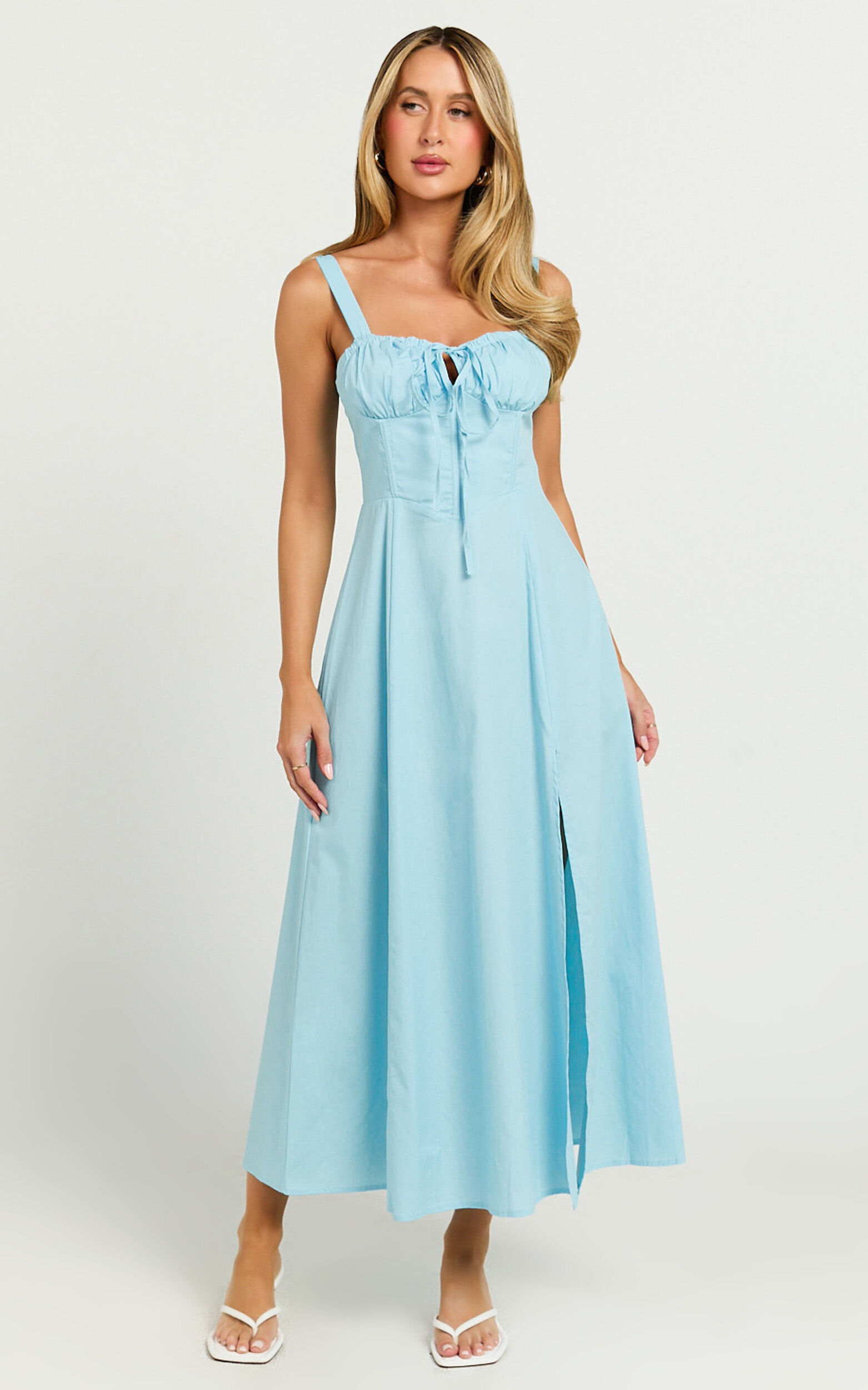 Maiya Midi Dress - Tie Front Fitted Bodice Dress in Blue