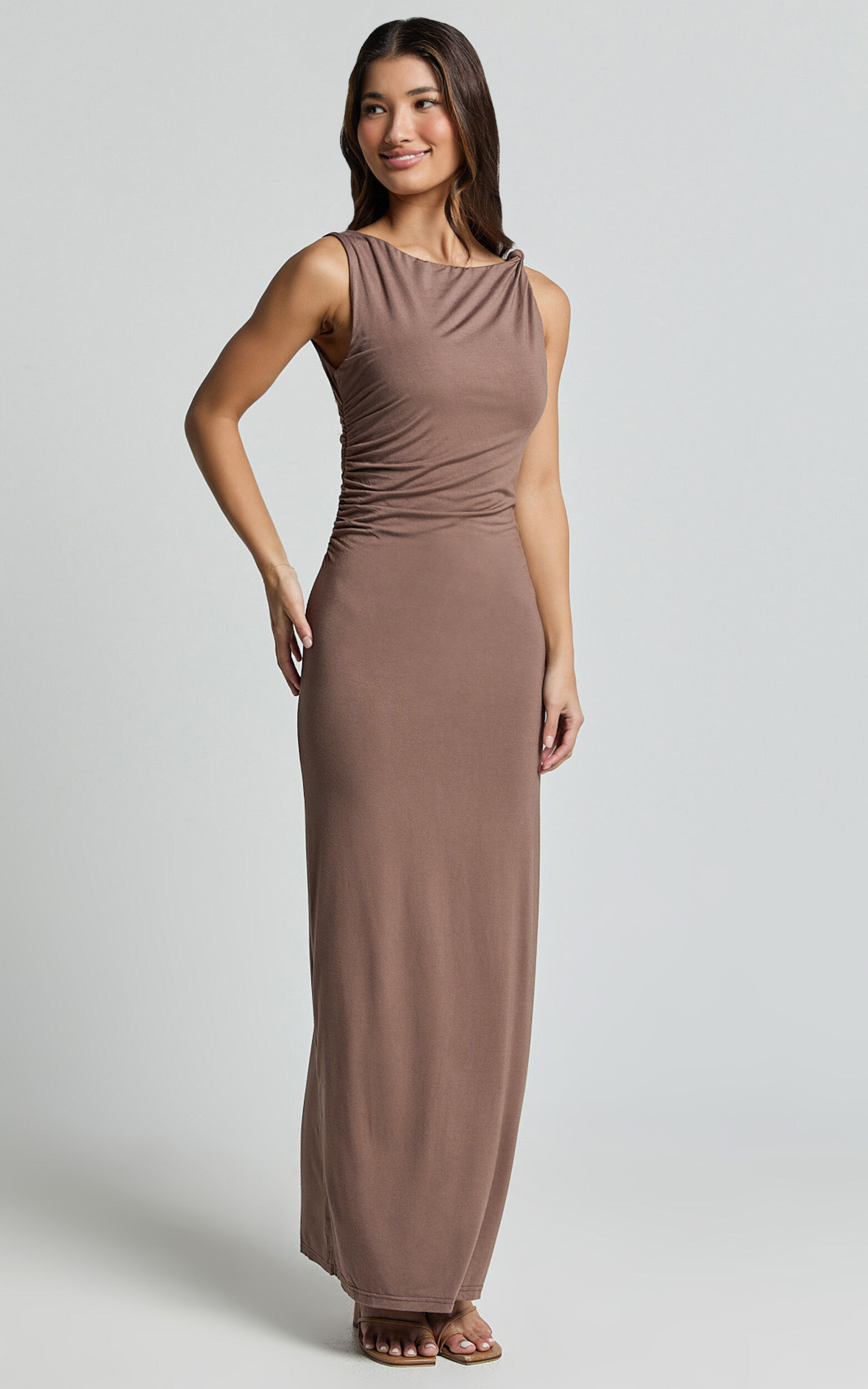 Aisha Maxi Dress - Sleeveless Twist Strap Bodycon Dress in Chocolate
