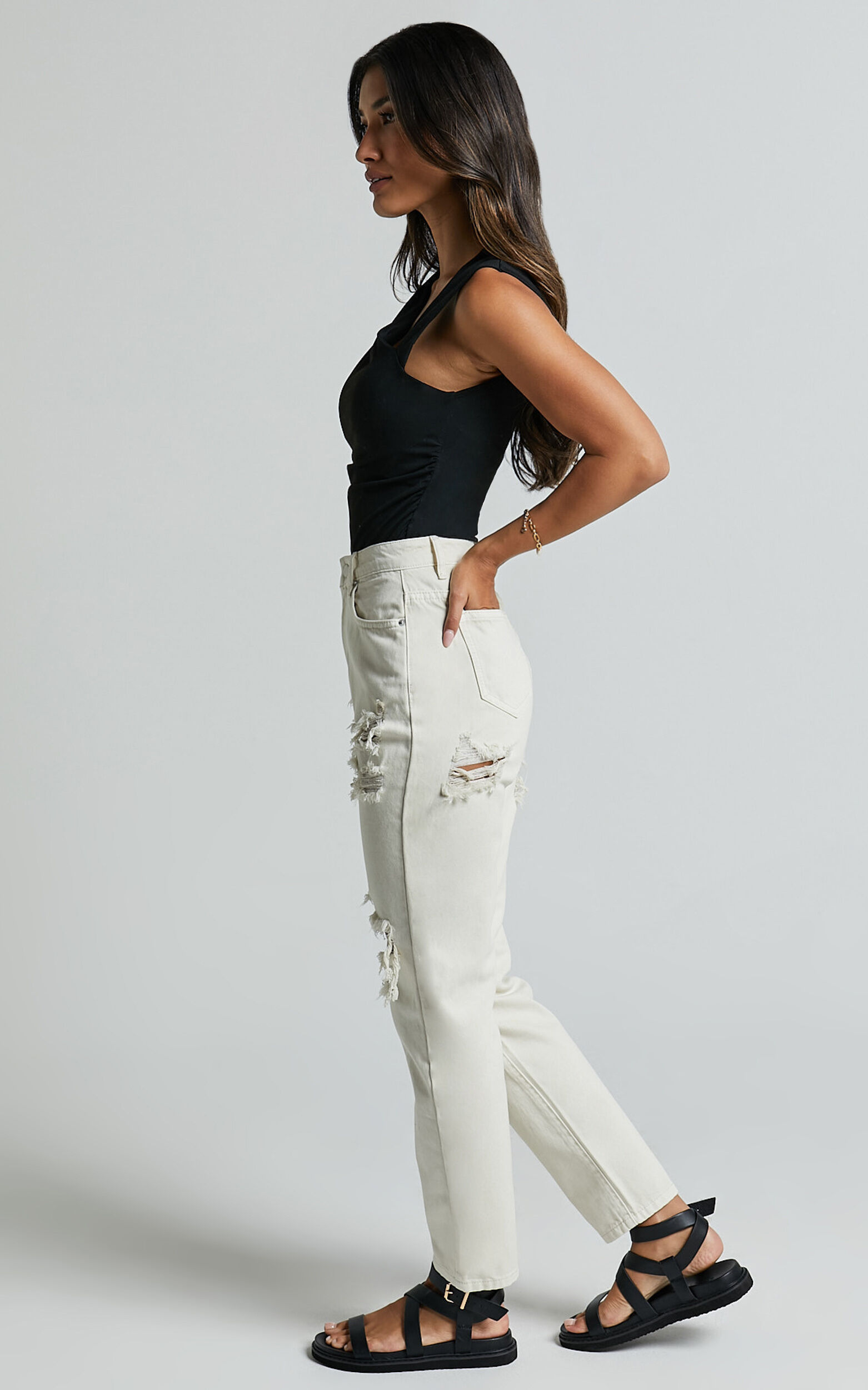Billie Jeans - High Waisted Cotton Distressed Mom Denim Jeans in Ecru
