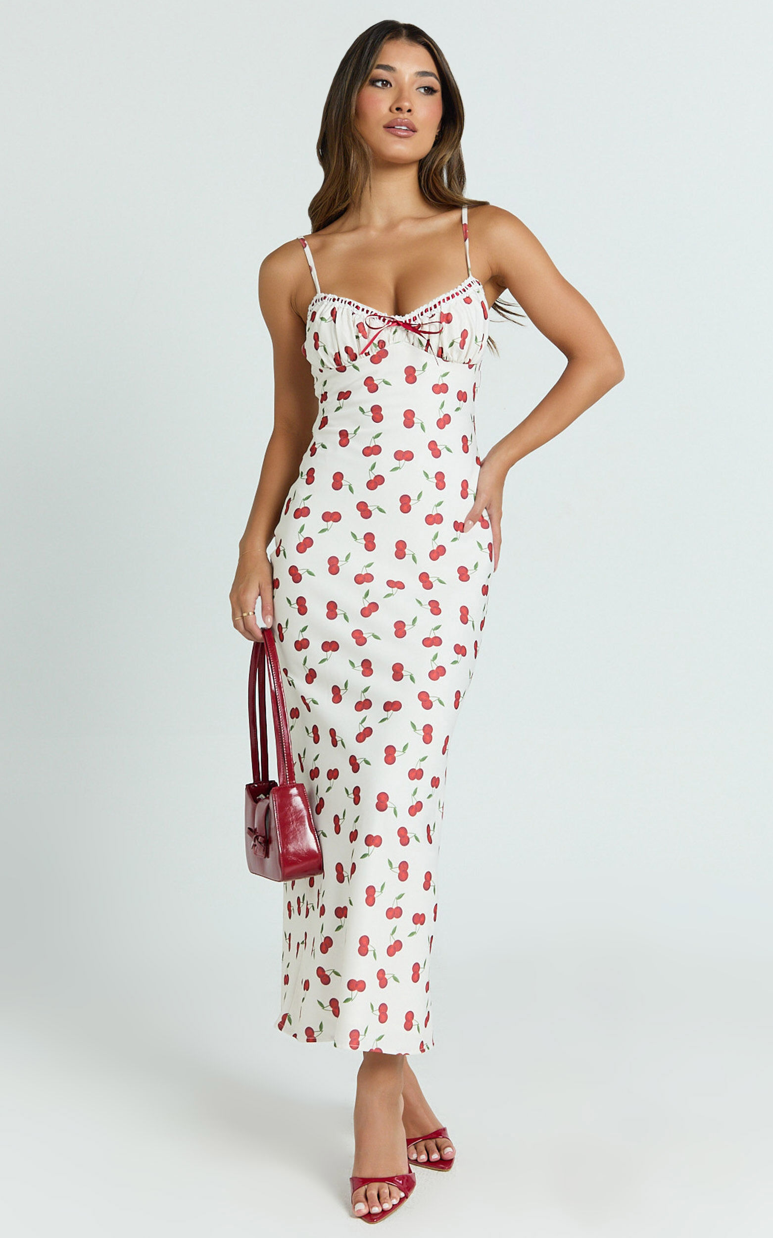 Bailey Midi Dress - Recycled Cherry Print Lace Trim Bias Cut Slip Dress in Blushing Cherries Print