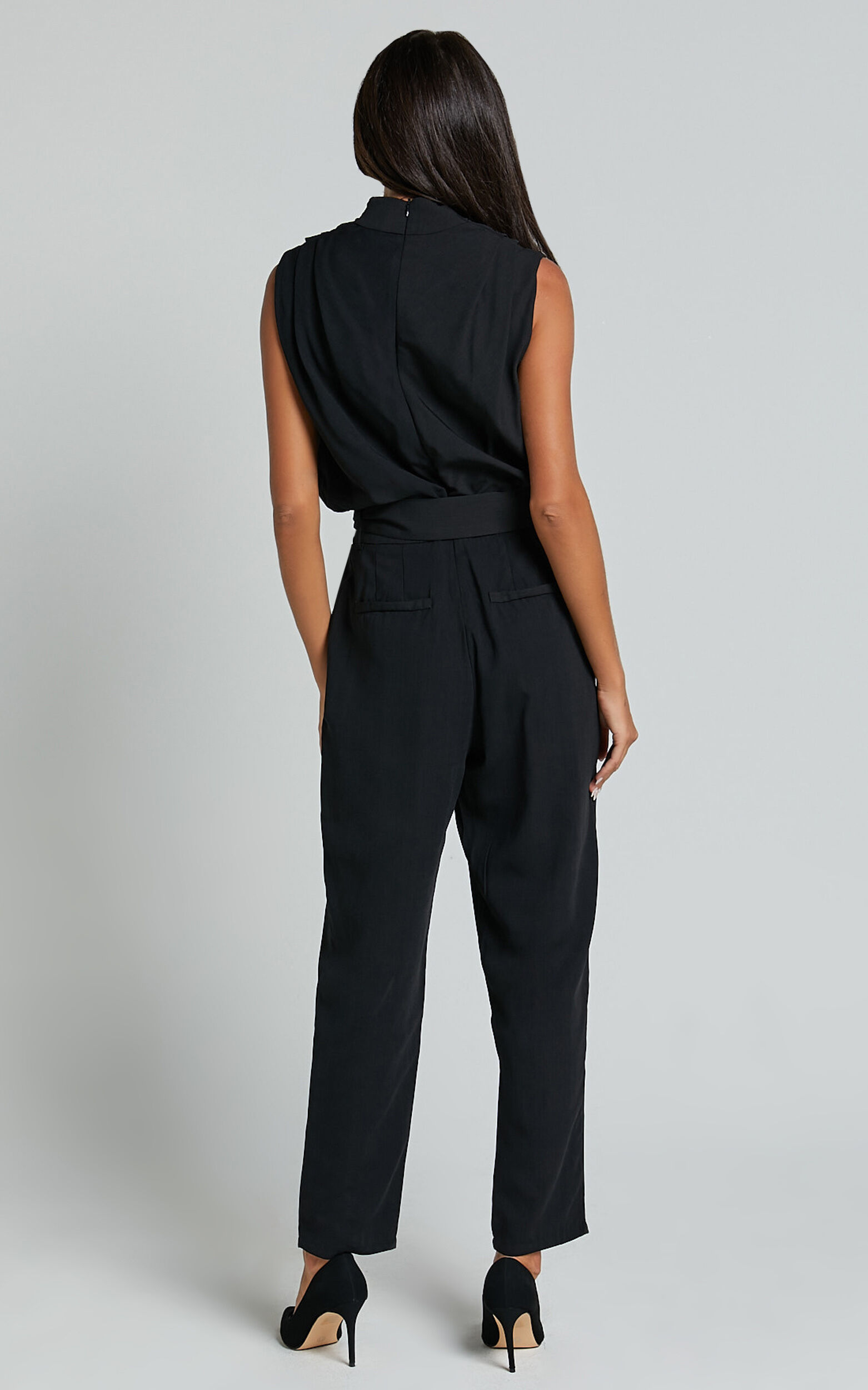 Arianae Jumpsuit - High Neck Tie Waist Jumpsuit in Black