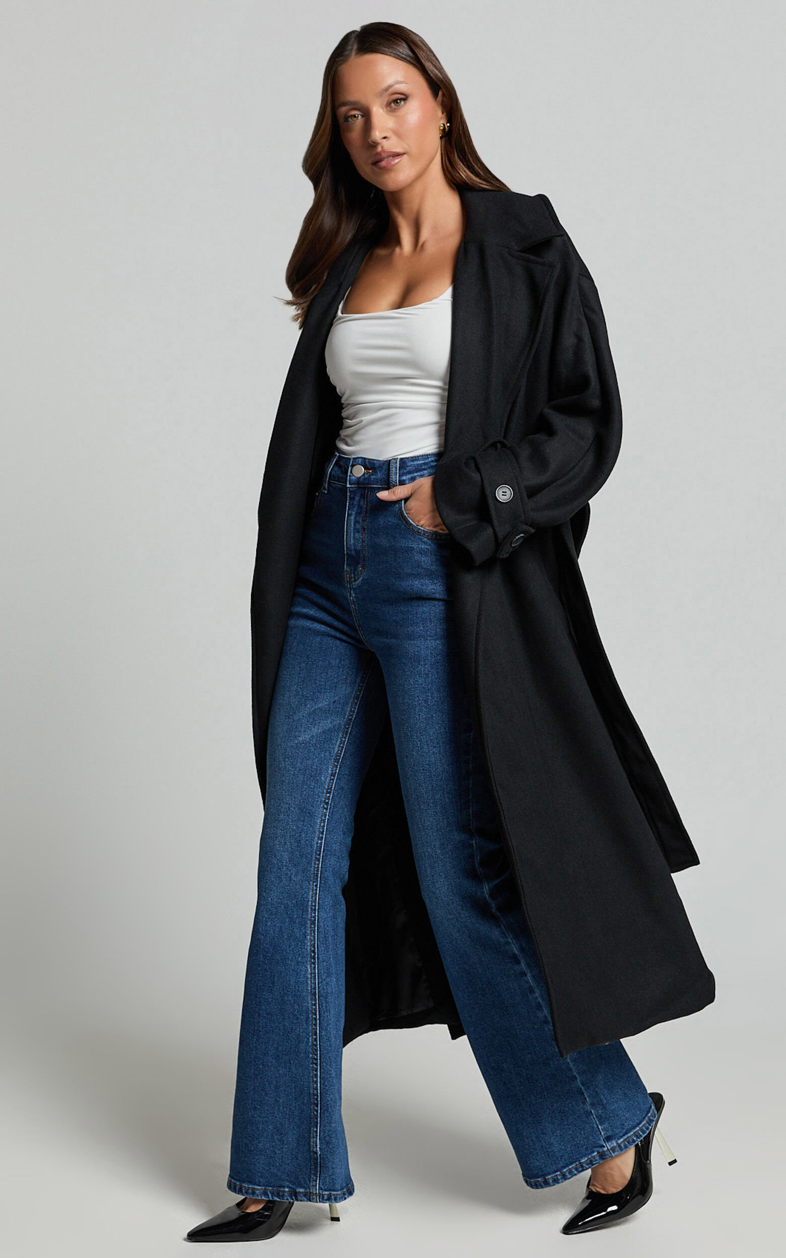 Mella Coat - Belted Longline Coat in Black