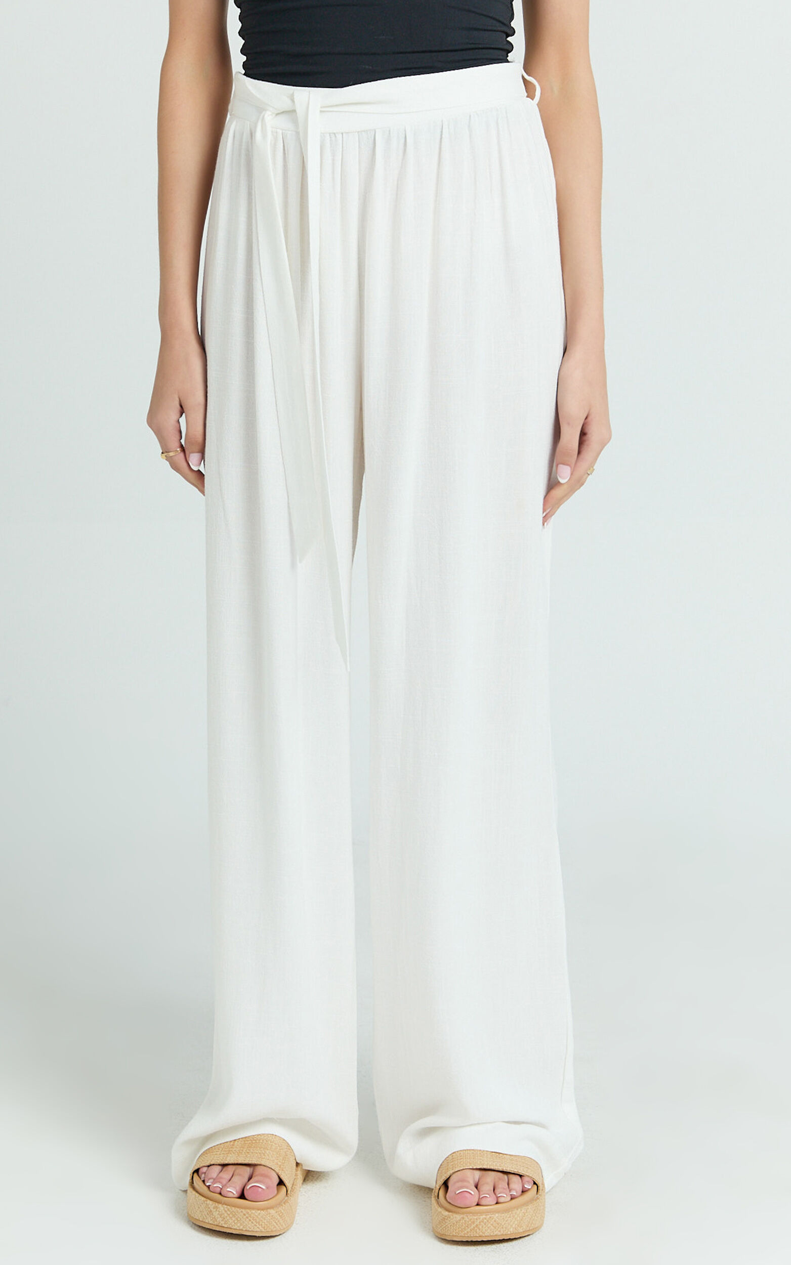 Kalli Pants - Linen Look Belted Wide Leg Relaxed Pants in White