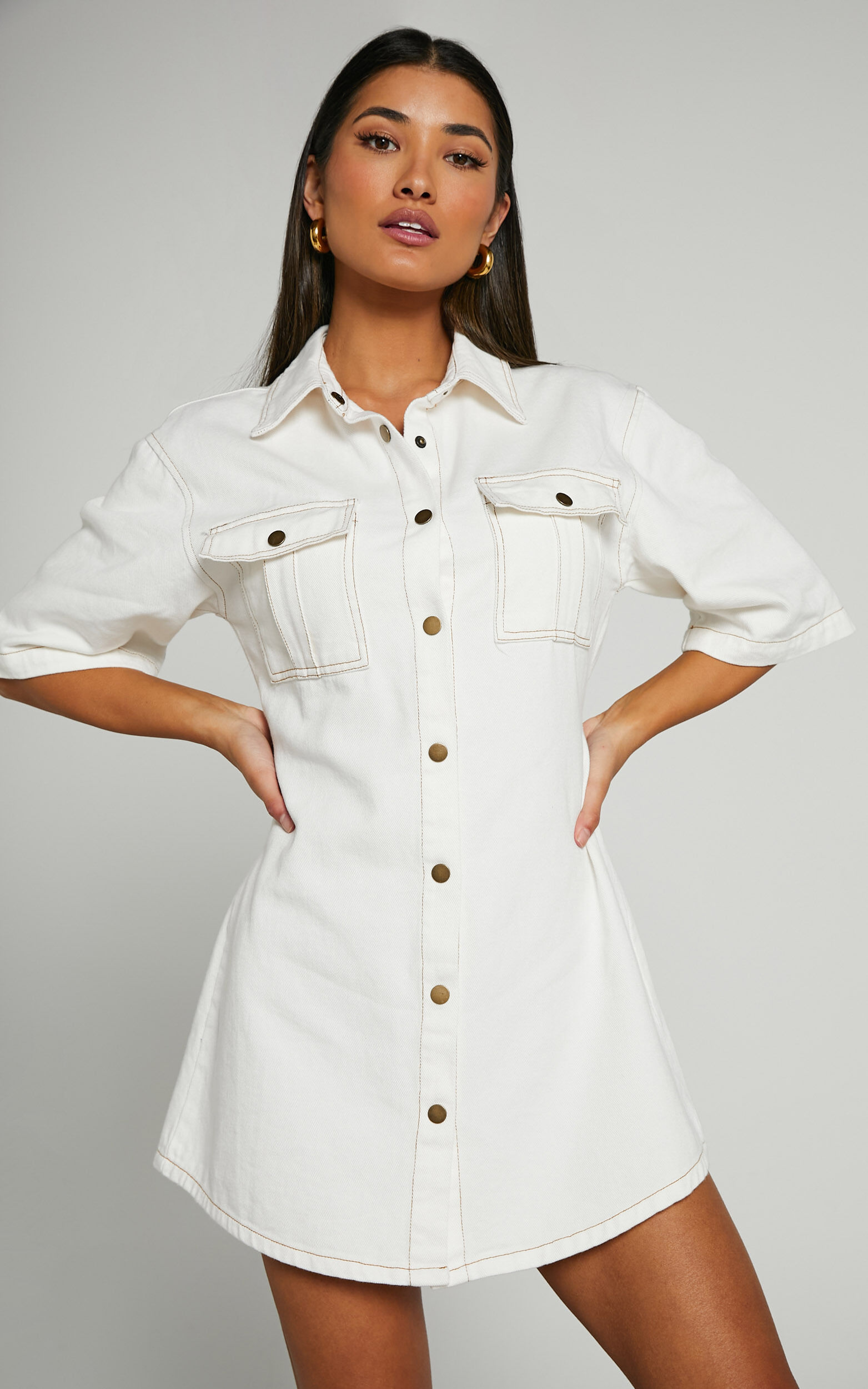 Leilani Mini Dress - Denim Short Sleeve Button Up Dress in ECRU