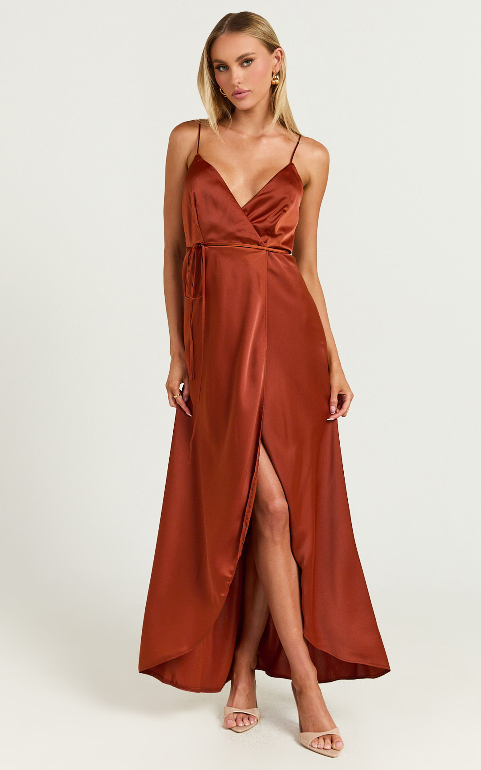 Mine Would Be You Midi Dress - Wrap Dress in Copper Satin