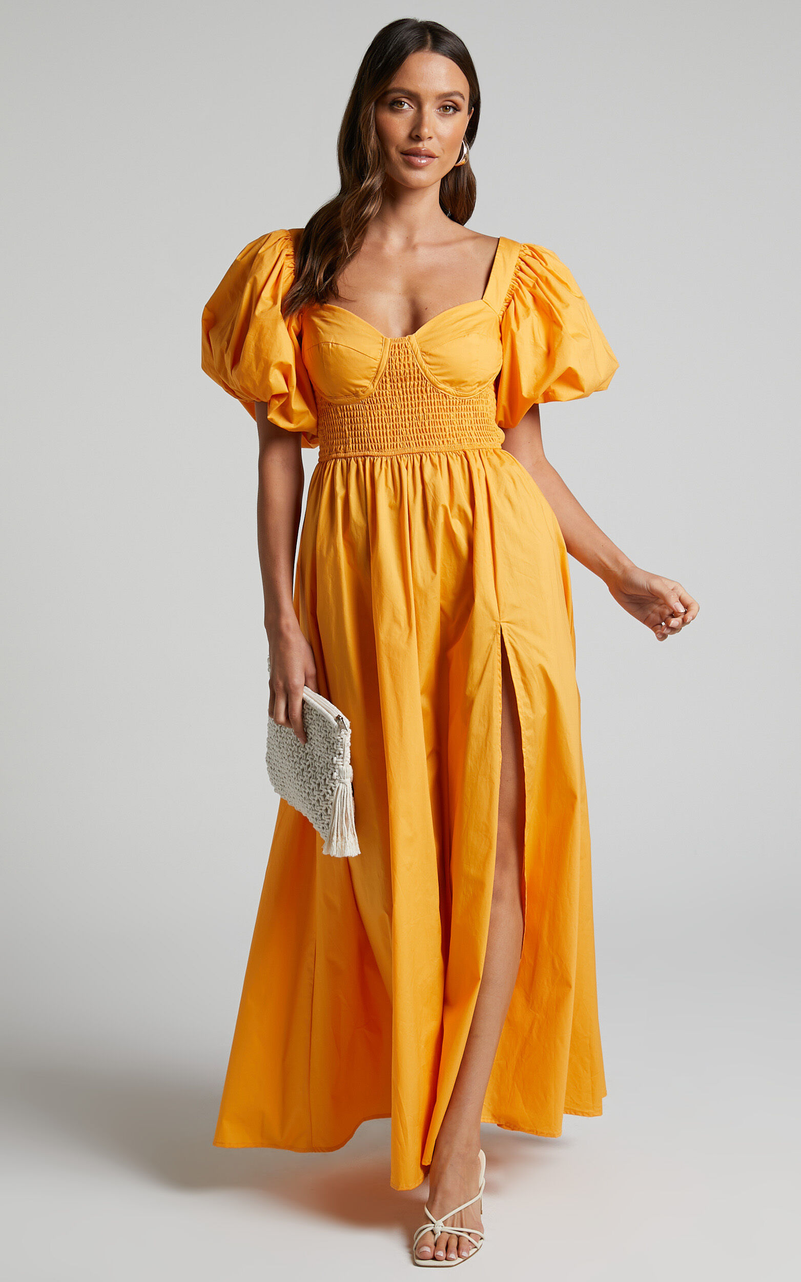 Raiza Midi Dress - Shirred Waist Puff Sleeve Dress in MARIGOLD