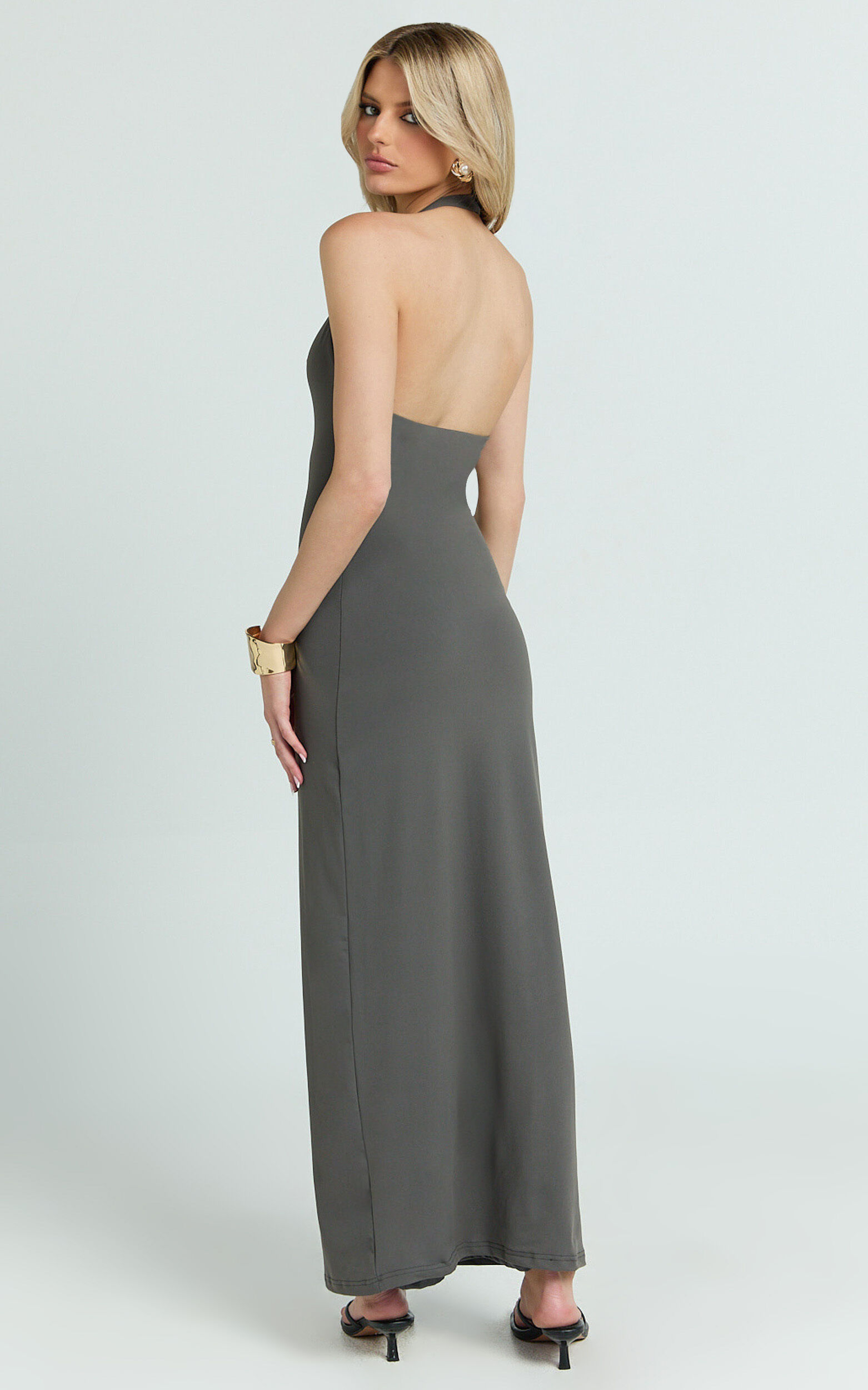 Honey Maxi Dress - Halter Plunge Bodycon Dress in Charcoal