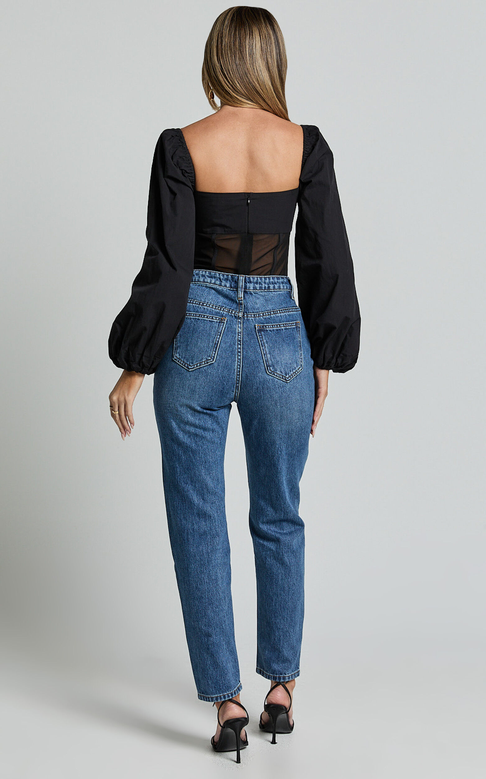 Lincy Bodysuit - Puff Long Sleeve Mesh Waist Detail Bodysuit in Black