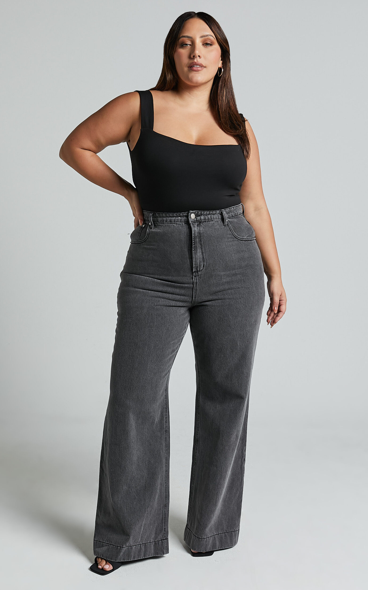 Emman Jeans - High Waisted Cotton Wide Leg Denim Jeans in Washed Black