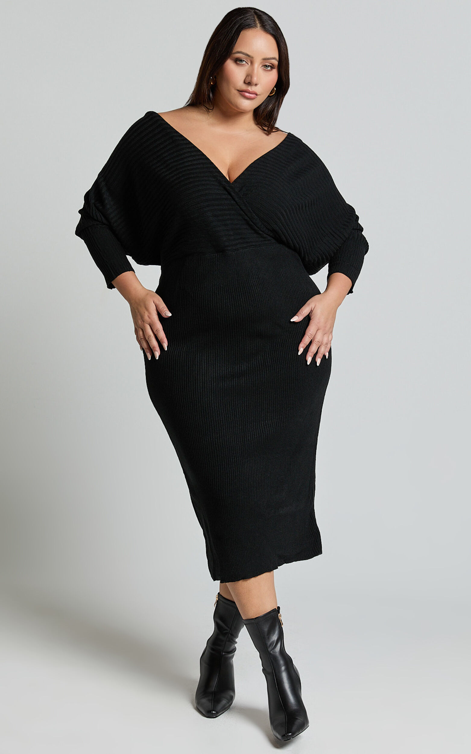 Sheika Midi Dress - Long Sleeve Off Shoulder Knit Dress in Black