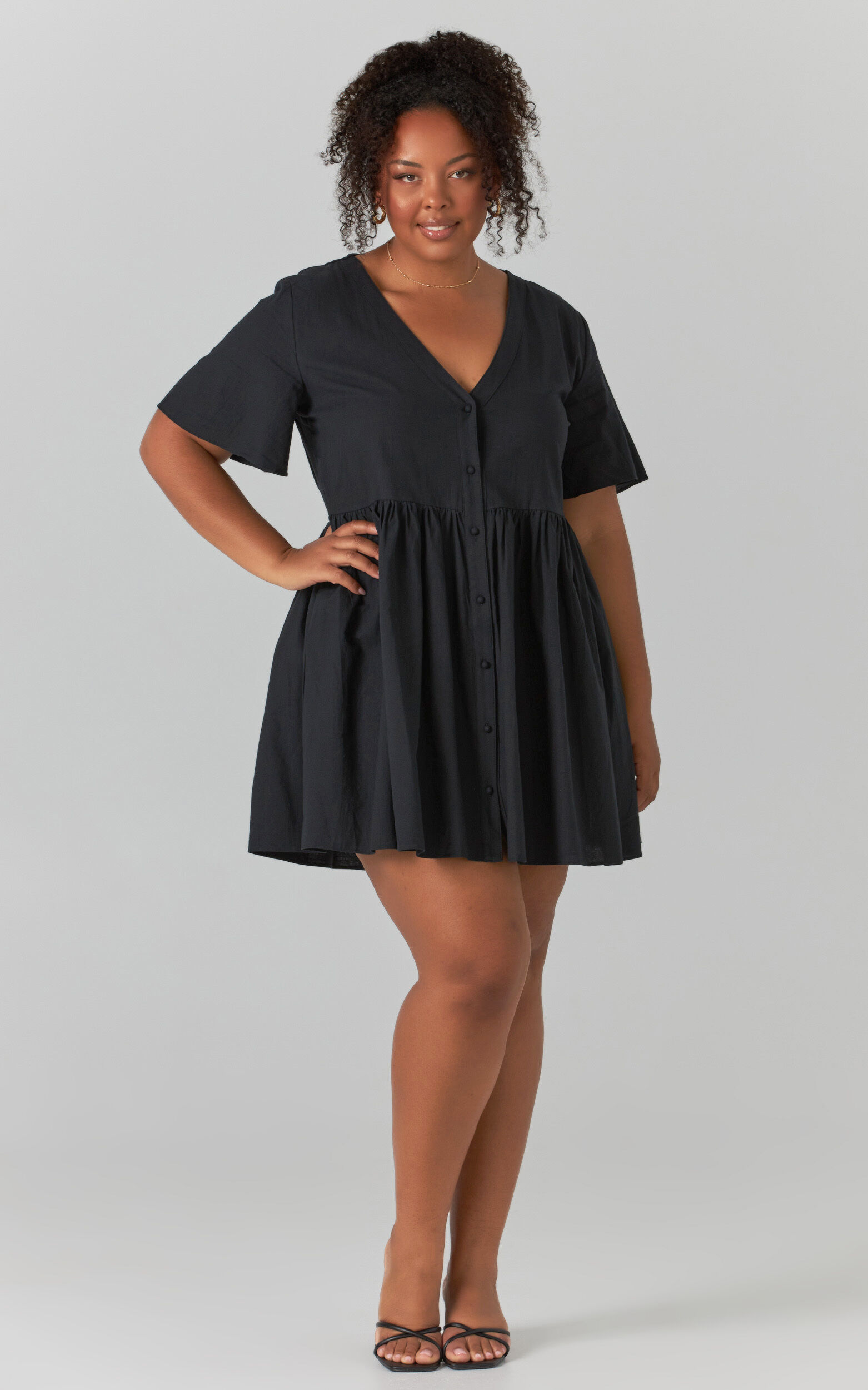 Staycation Mini Dress - Smock Button Up Dress in Black