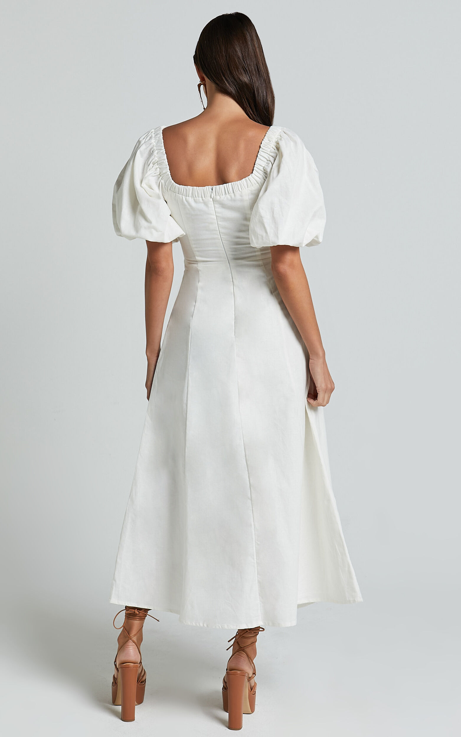 Amalie The Label - Janae Linen Blend Puff Sleeve Cut Out Midi Dress in White