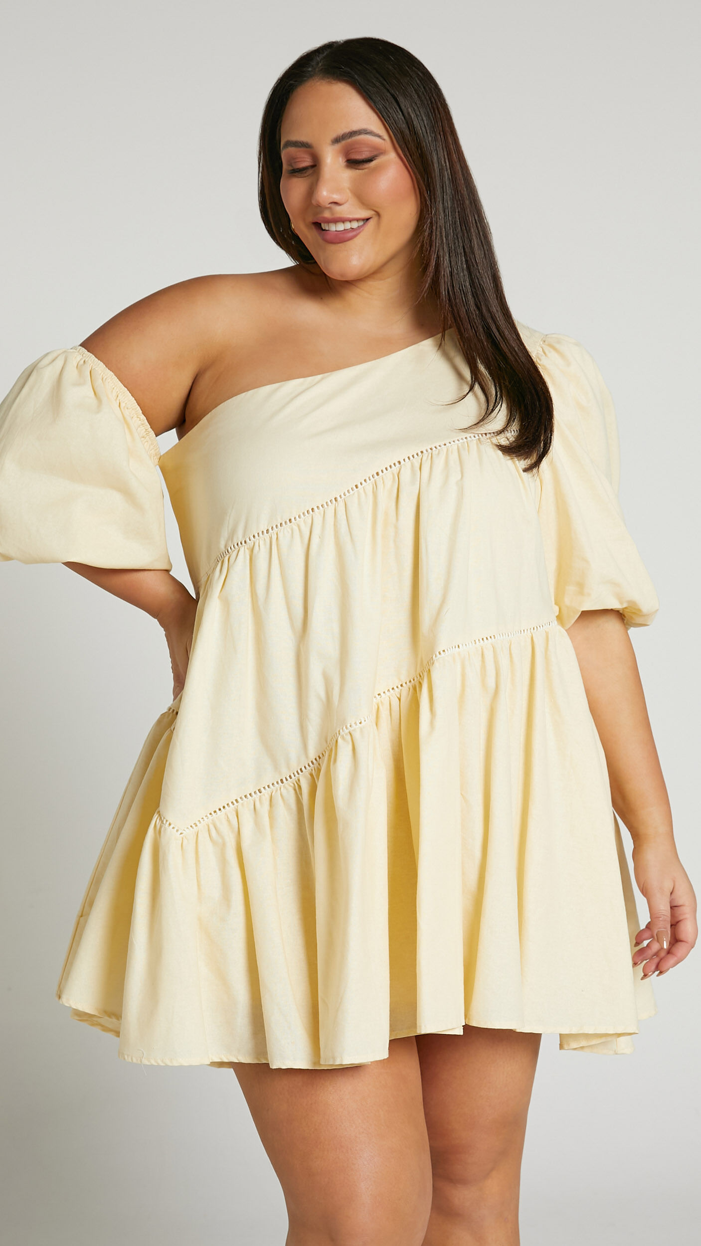 Harleen Mini Dress - Linen Asymmetrical Trim Puff Sleeve Dress in Beige