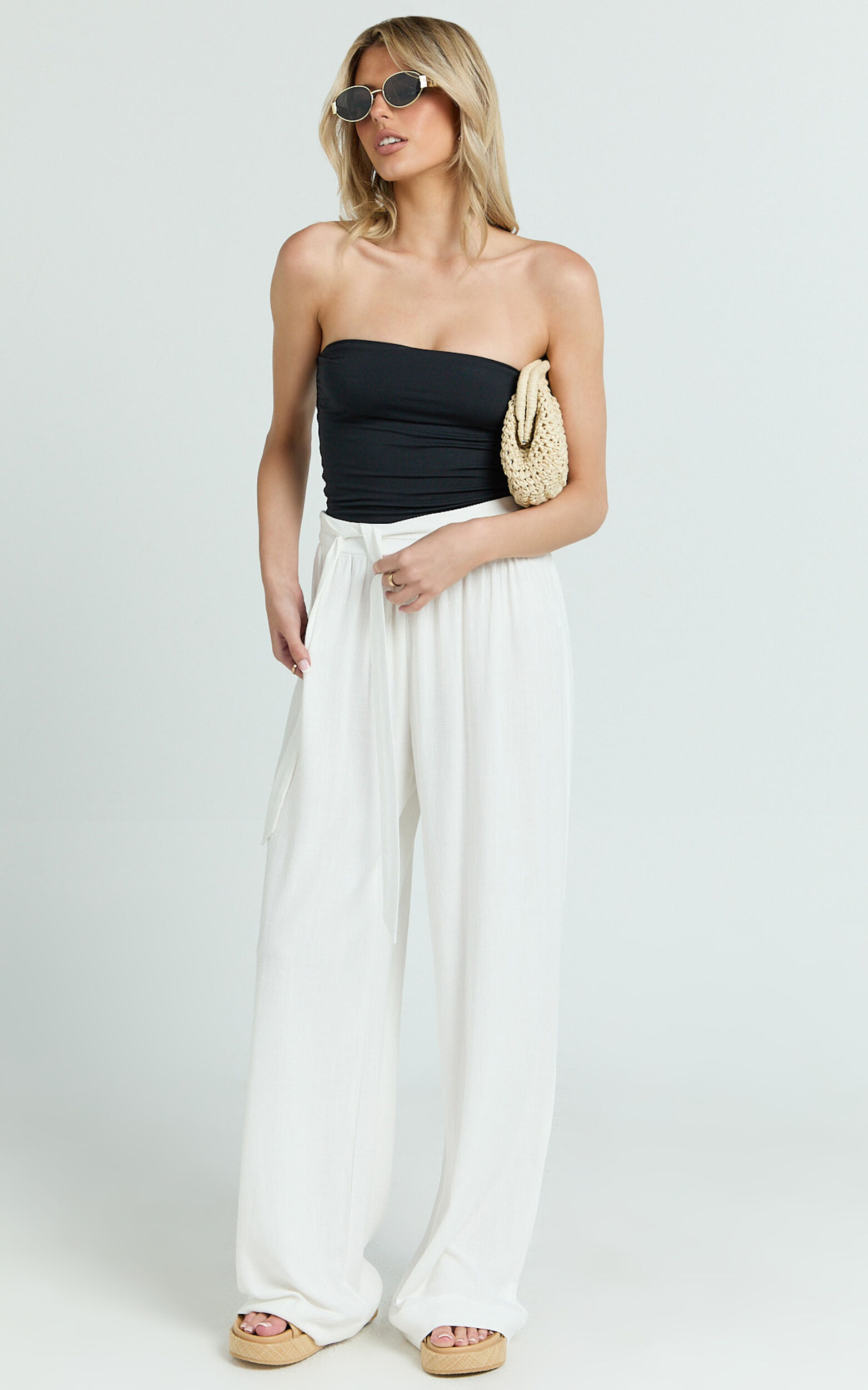 Kalli Pants - Linen Look Belted Wide Leg Relaxed Pants in White