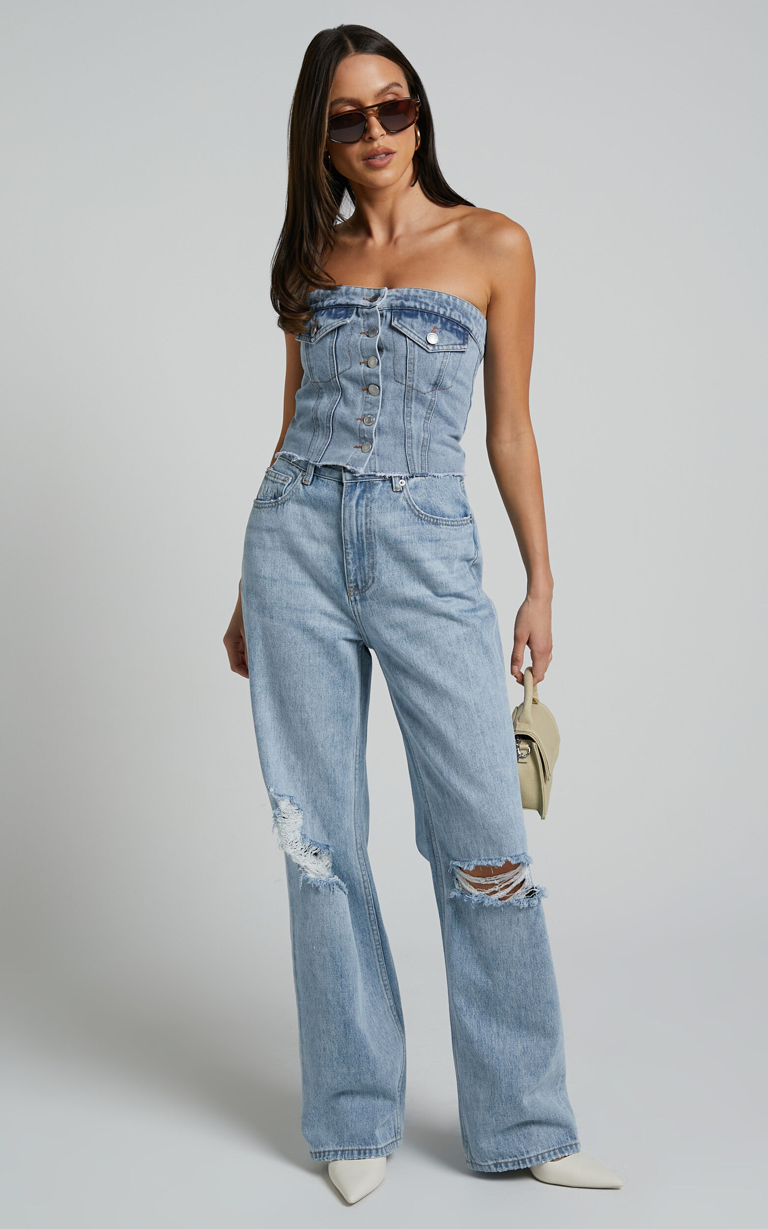 Aubrielle Bustier - Denim Bustier with Pocket Details in Indigo Wash