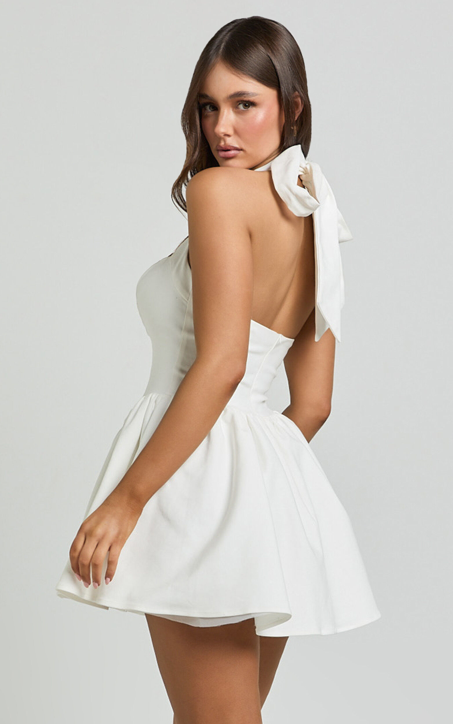 Helda Mini Dress - Halter Tie Neck Corset Panel Dress in White