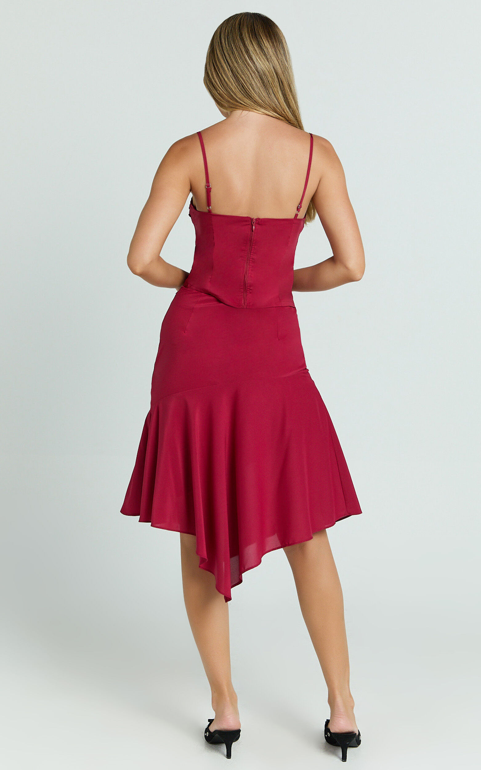 Clare Midi Skirt - Mid Waisted Asymmetric Bias Cut Slip Skirt in Cherry Red