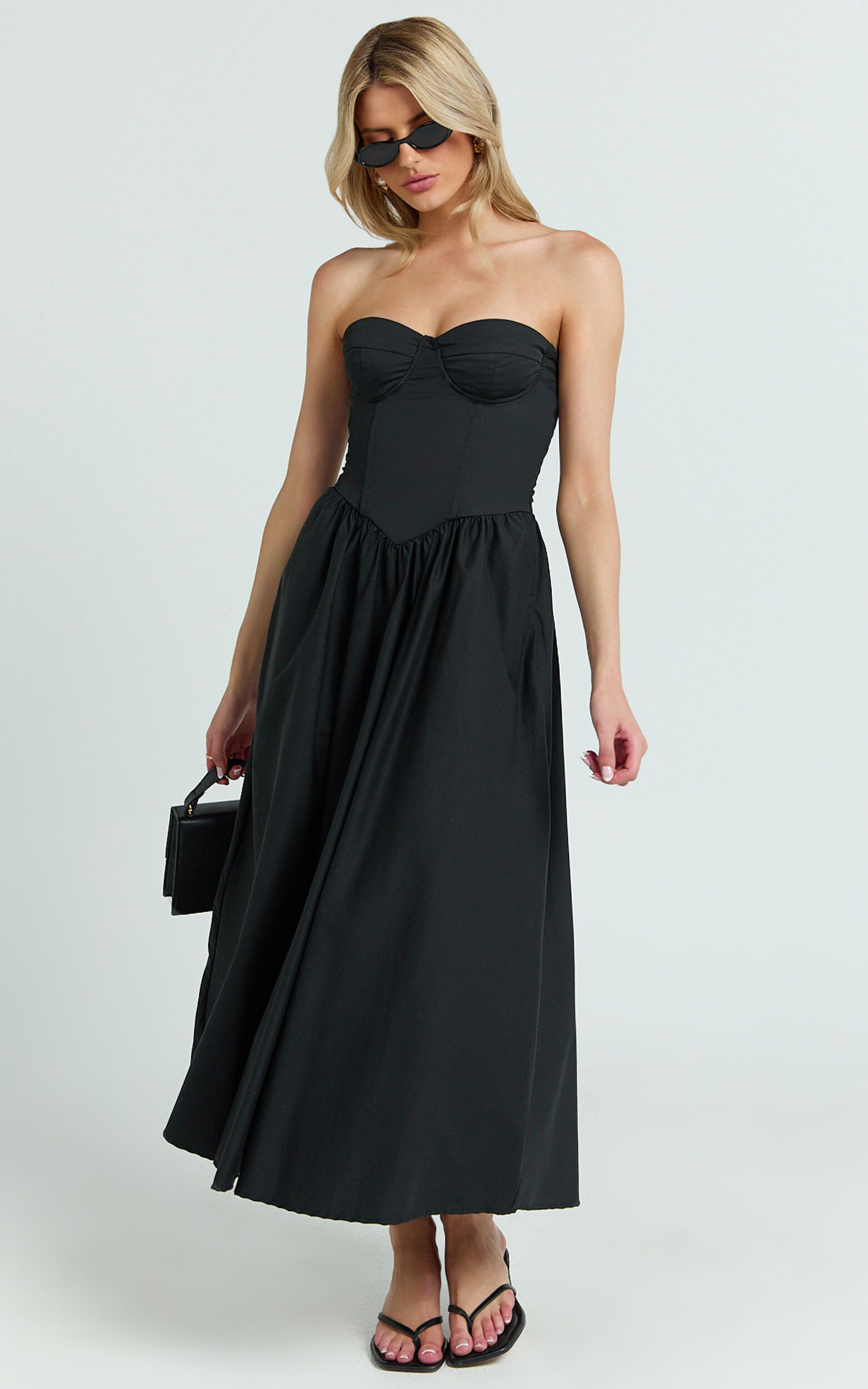 Daria Midi Dress - Strapless Corset Gathered Dress in Black