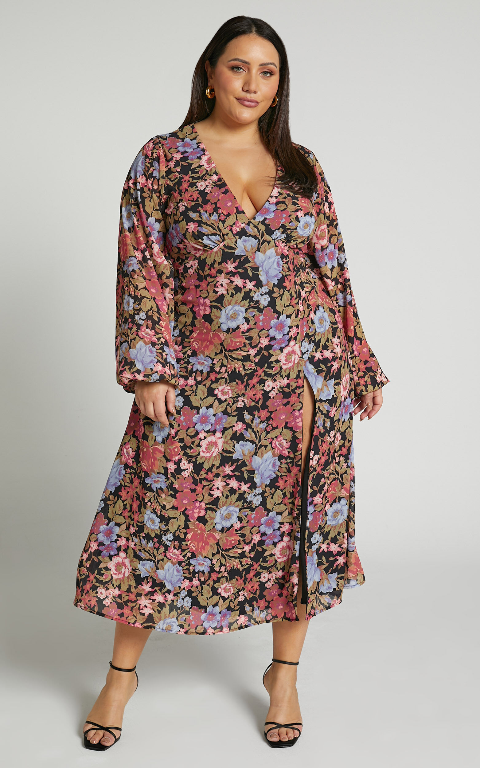 Henny Midi Dress - Long Sleeve Split Dress in Dusk Floral