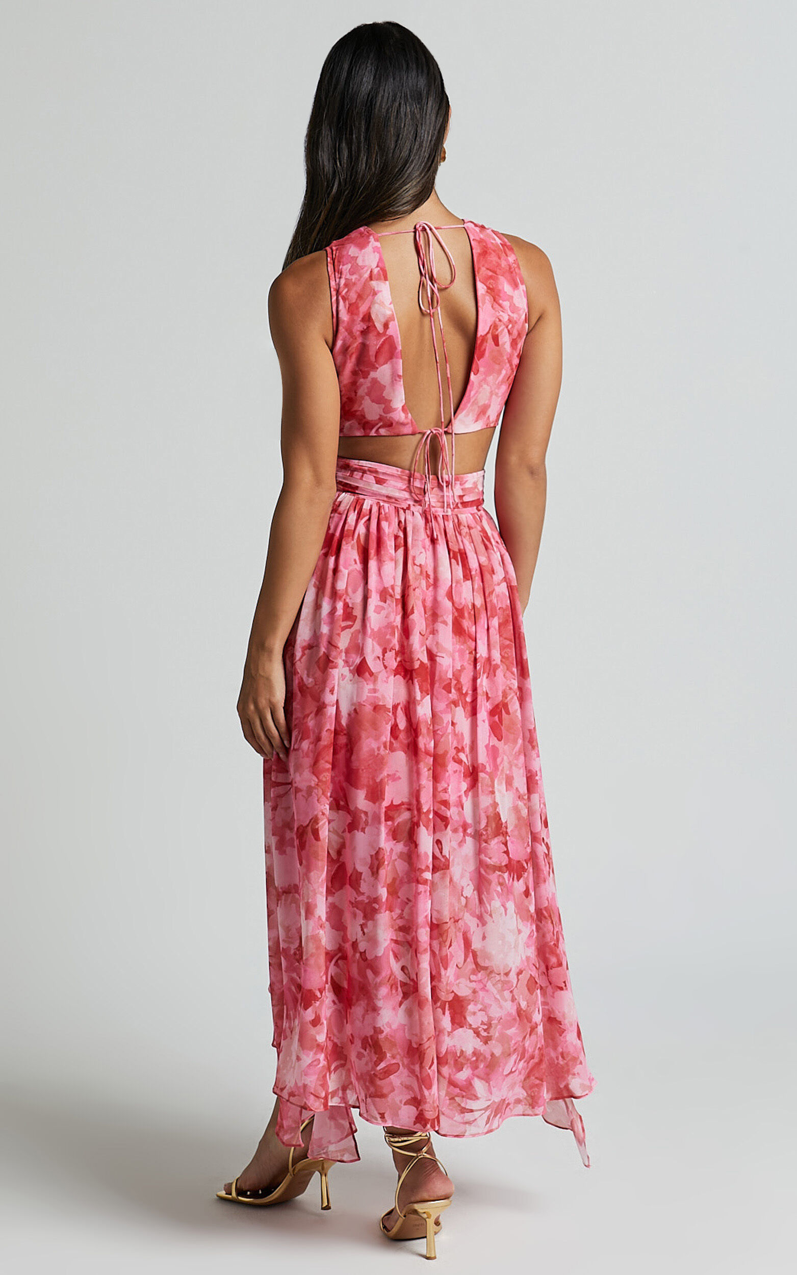 Marga Maxi Dress - Plunge Ruffle Detail Cut Out Dress in Petal Paradise