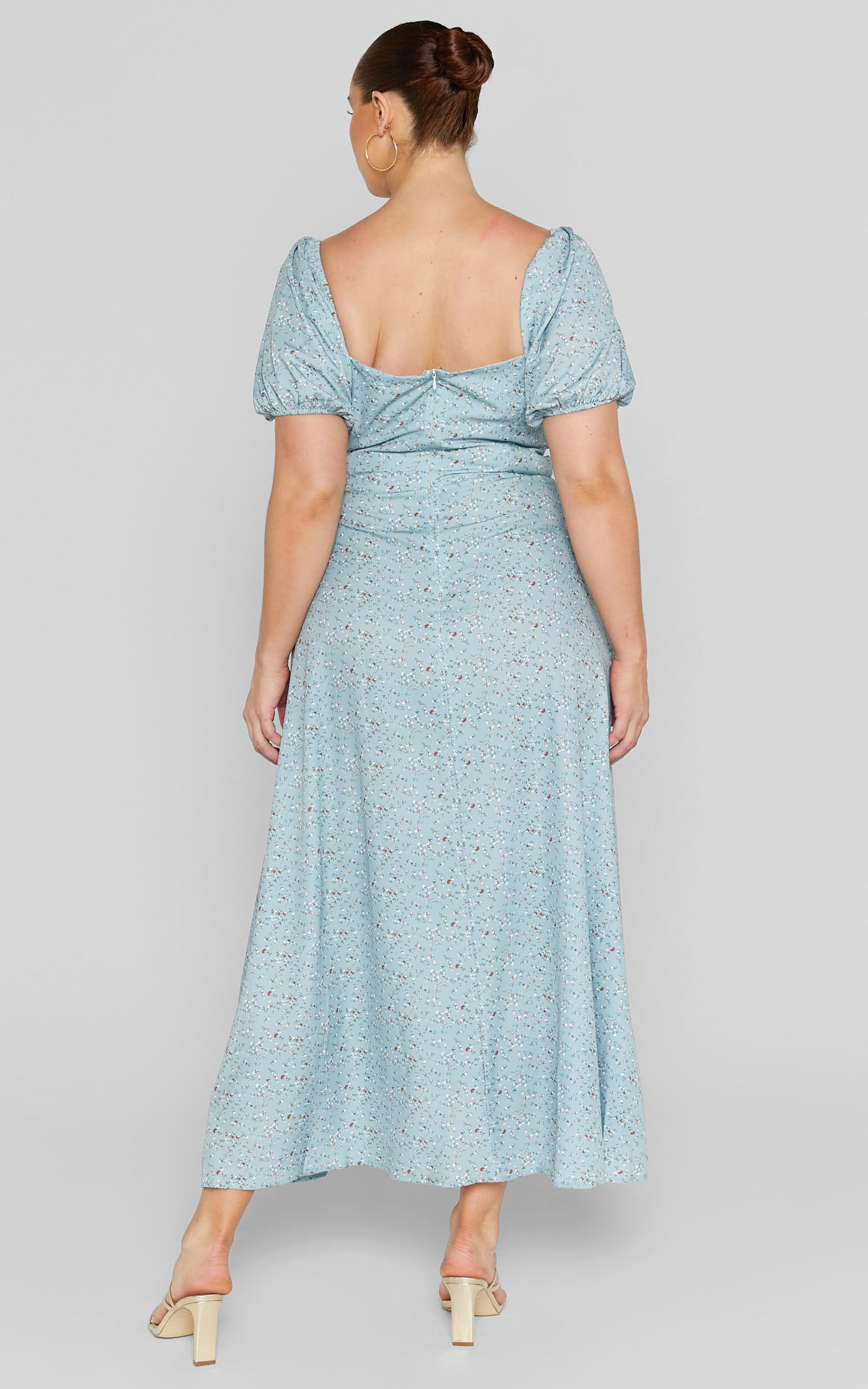 Zenny Midi Dress - Ruched Bust Floral Dress in Light Blue