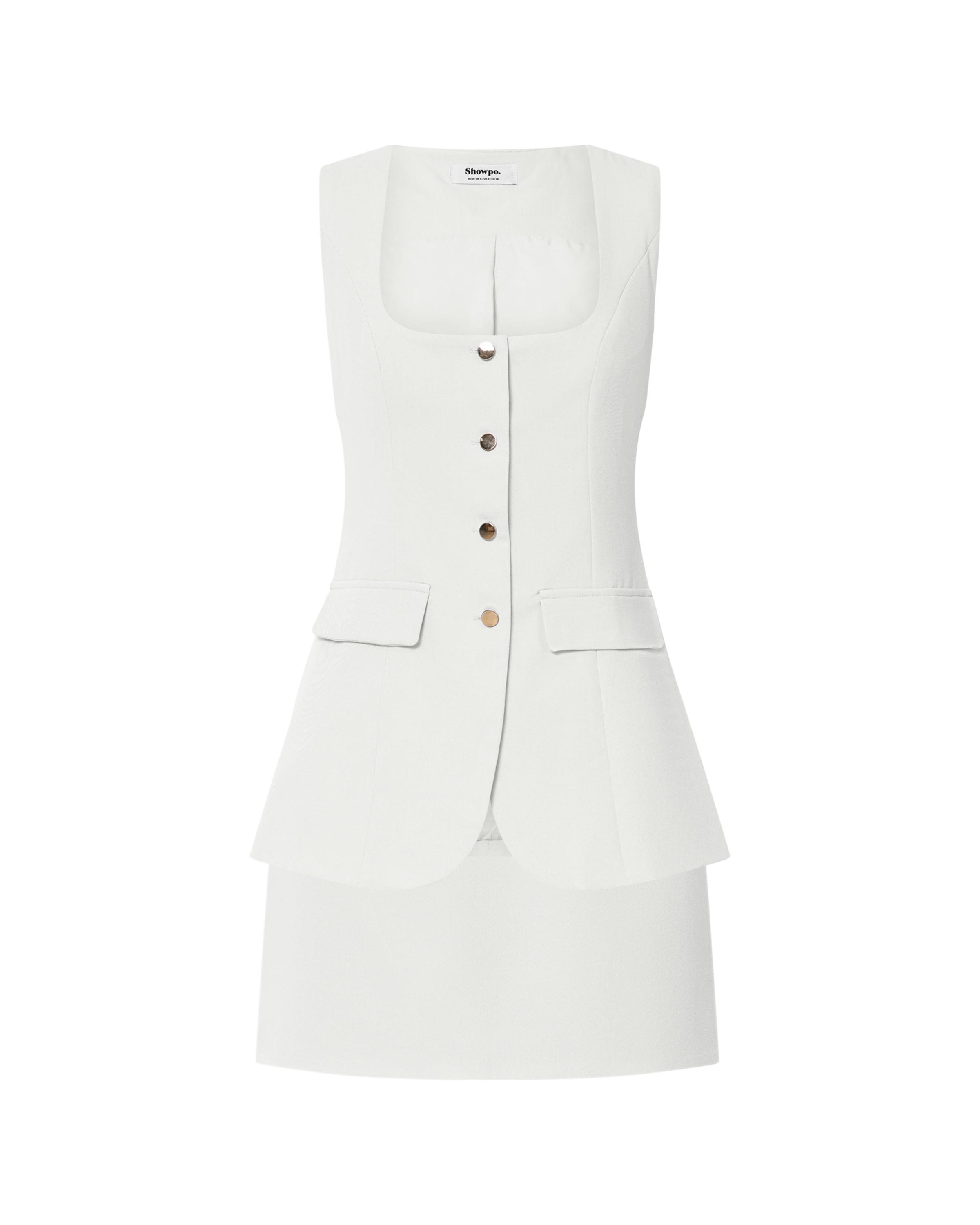 Phyllis Two Piece Set - Tailored Scoop Neck Vest Top and A Line Mini Skirt Set in White