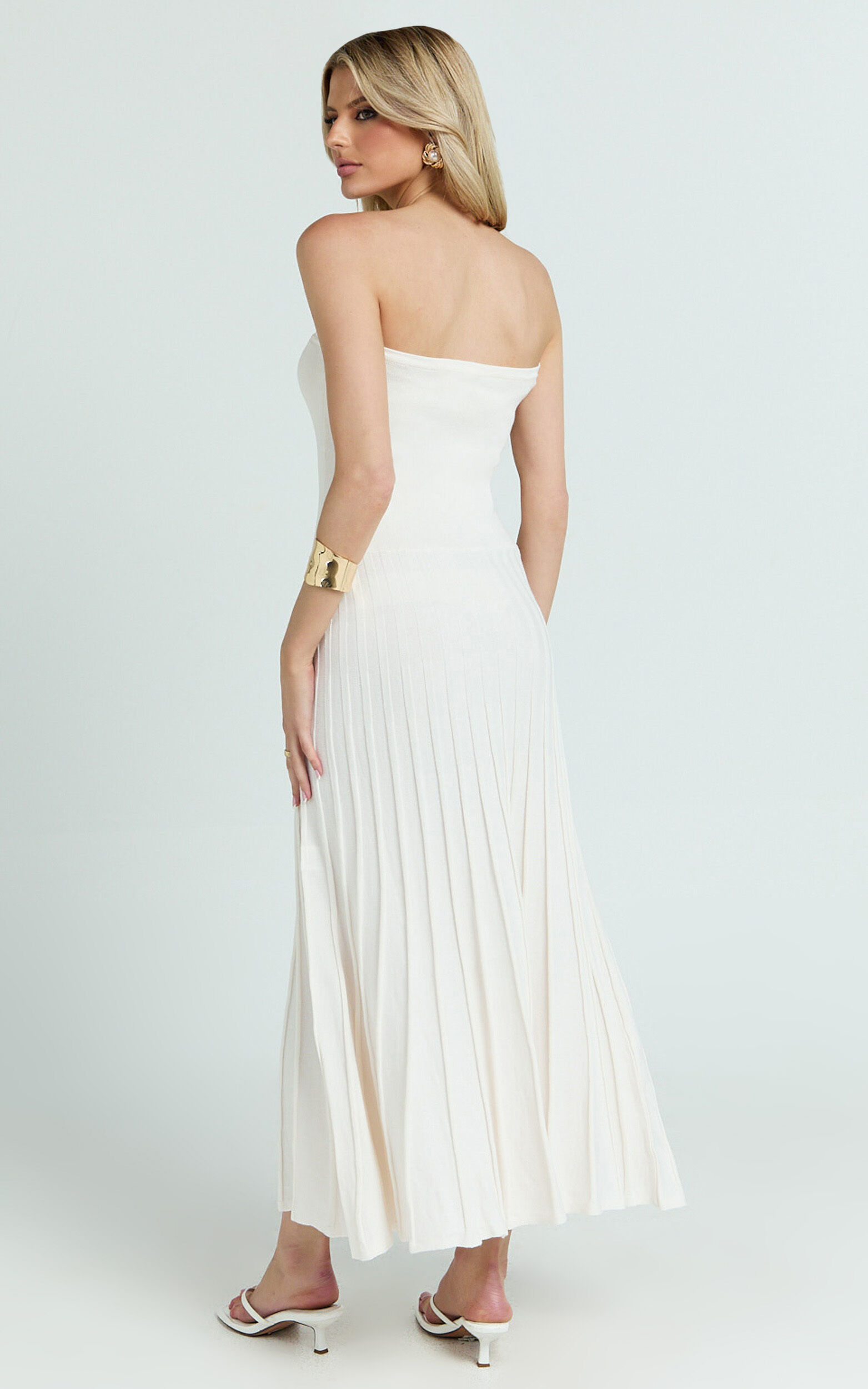 Paris Midi Dress - Strapless Drop Waist Pleated Knit Dress in White