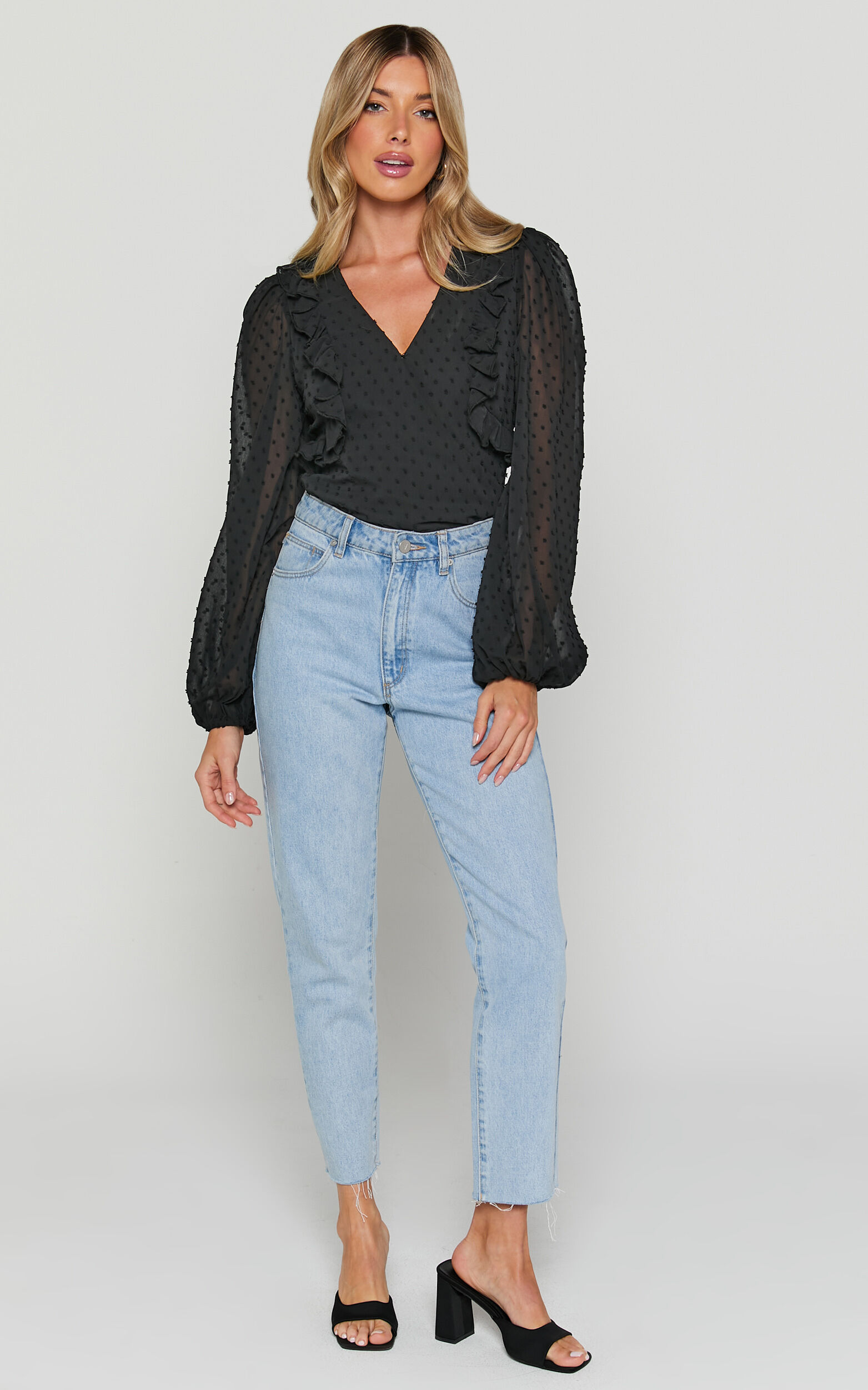 Delilah Bodysuit - V Neck Long Blouson Sleeve Bodysuit in Black