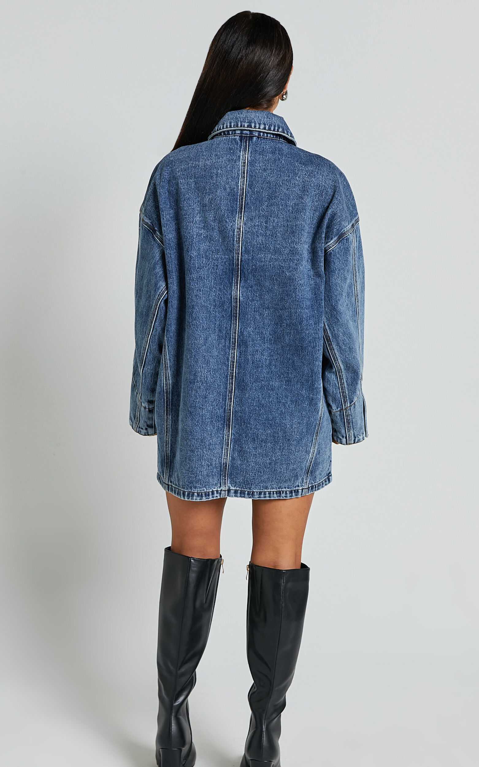 Harlow Jacket - Oversized Long Sleeve Denim Jacket in Mid Blue Wash