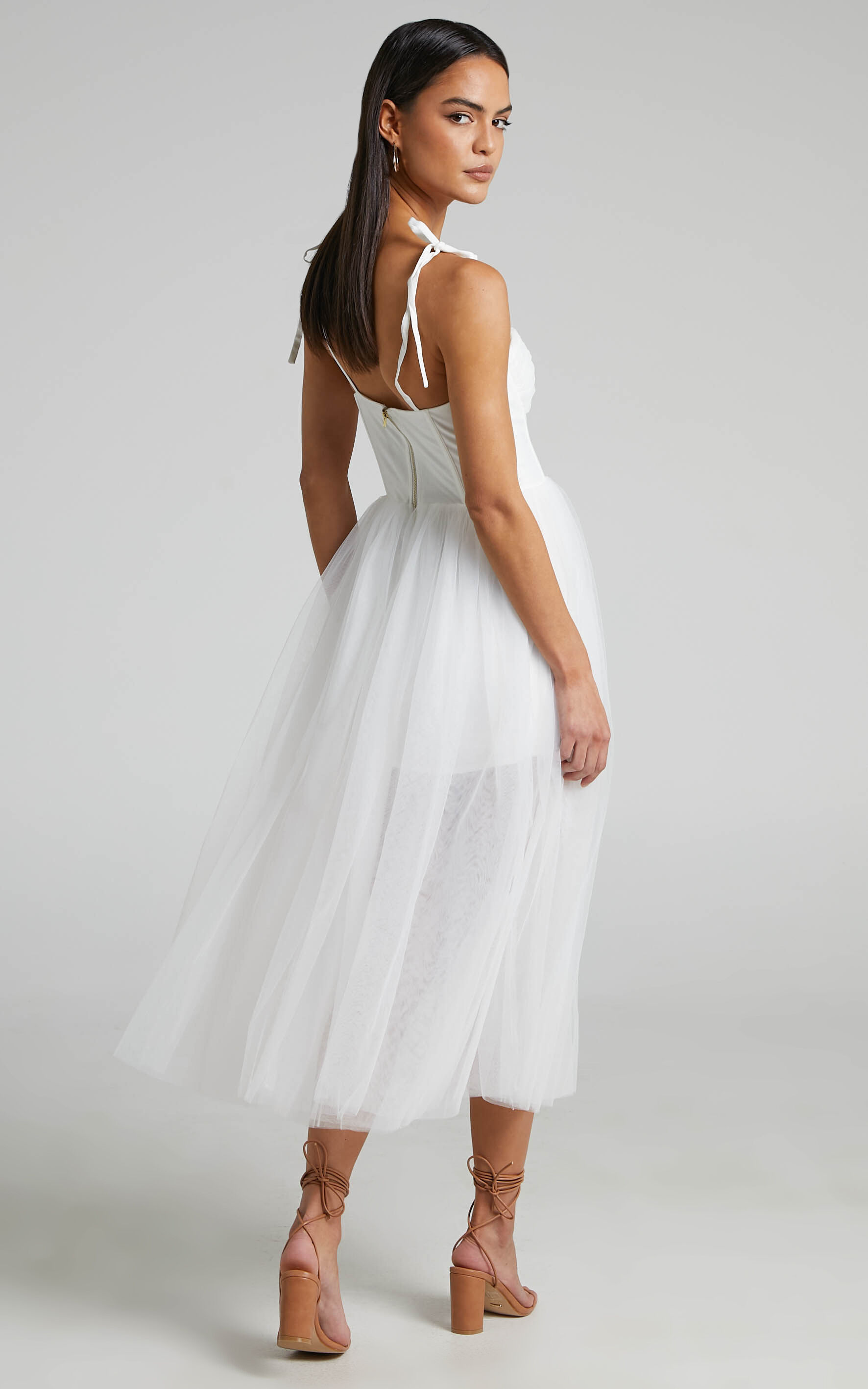 Aisha Midi Dress - Bustier Bodice Tulle Dress in White