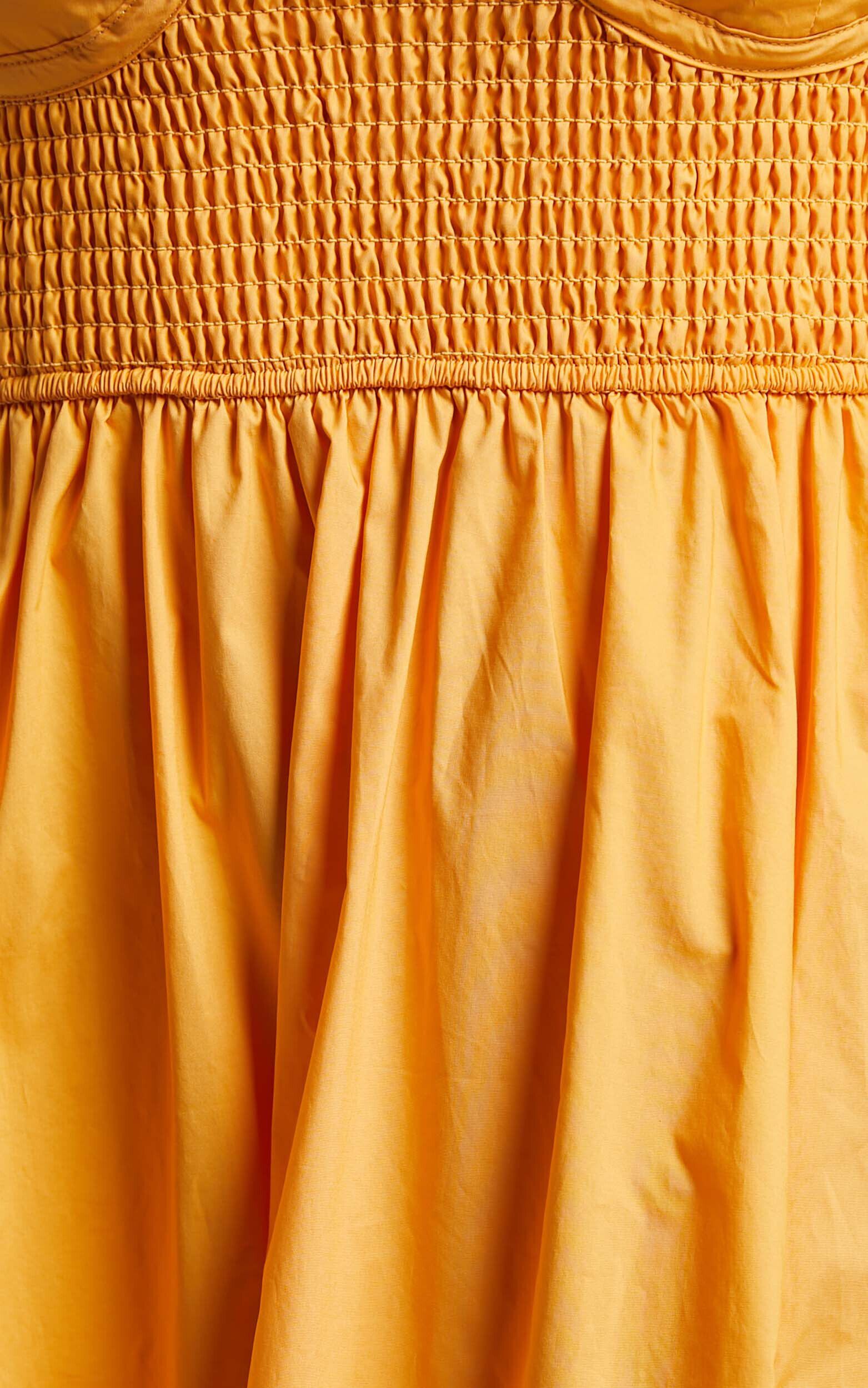 Raiza Midi Dress - Shirred Waist Puff Sleeve Dress in MARIGOLD