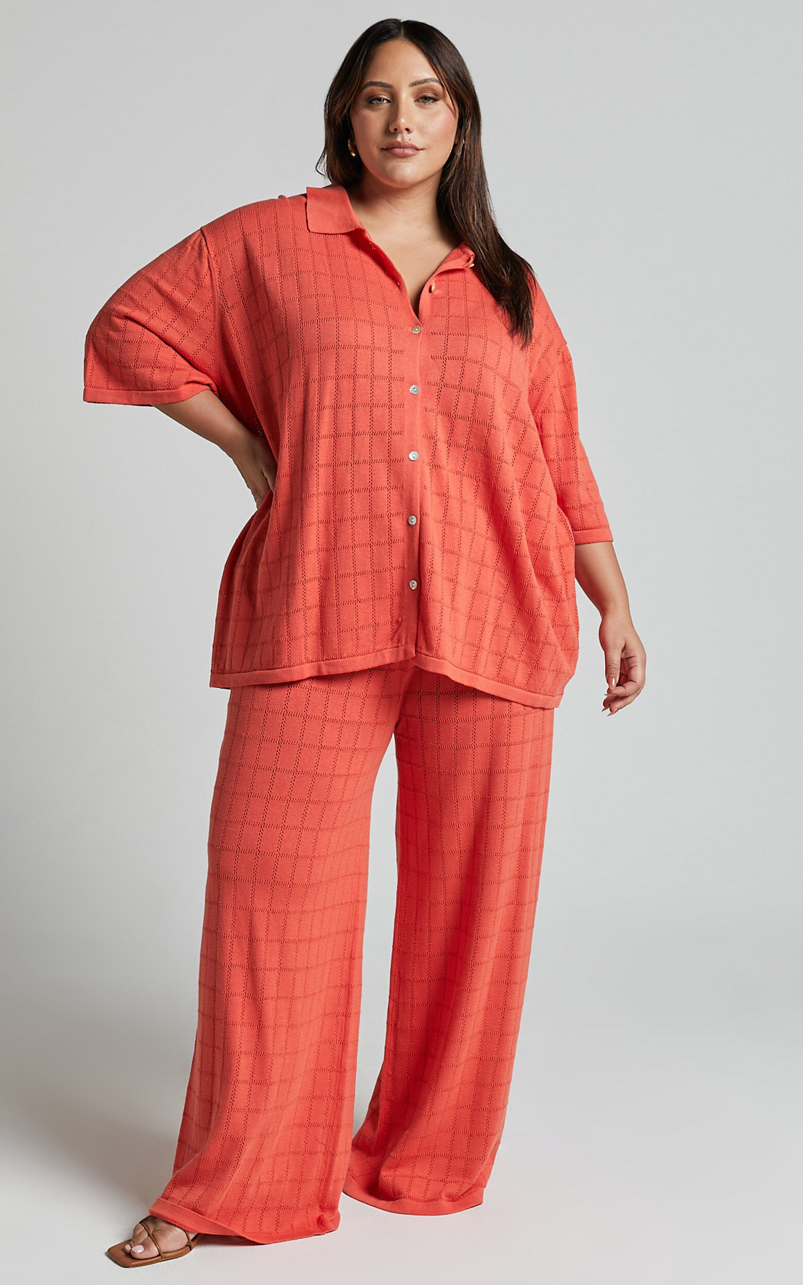Tommy Two Piece Set - Knit Button Through Top and Pants Two Piece Set in Coral