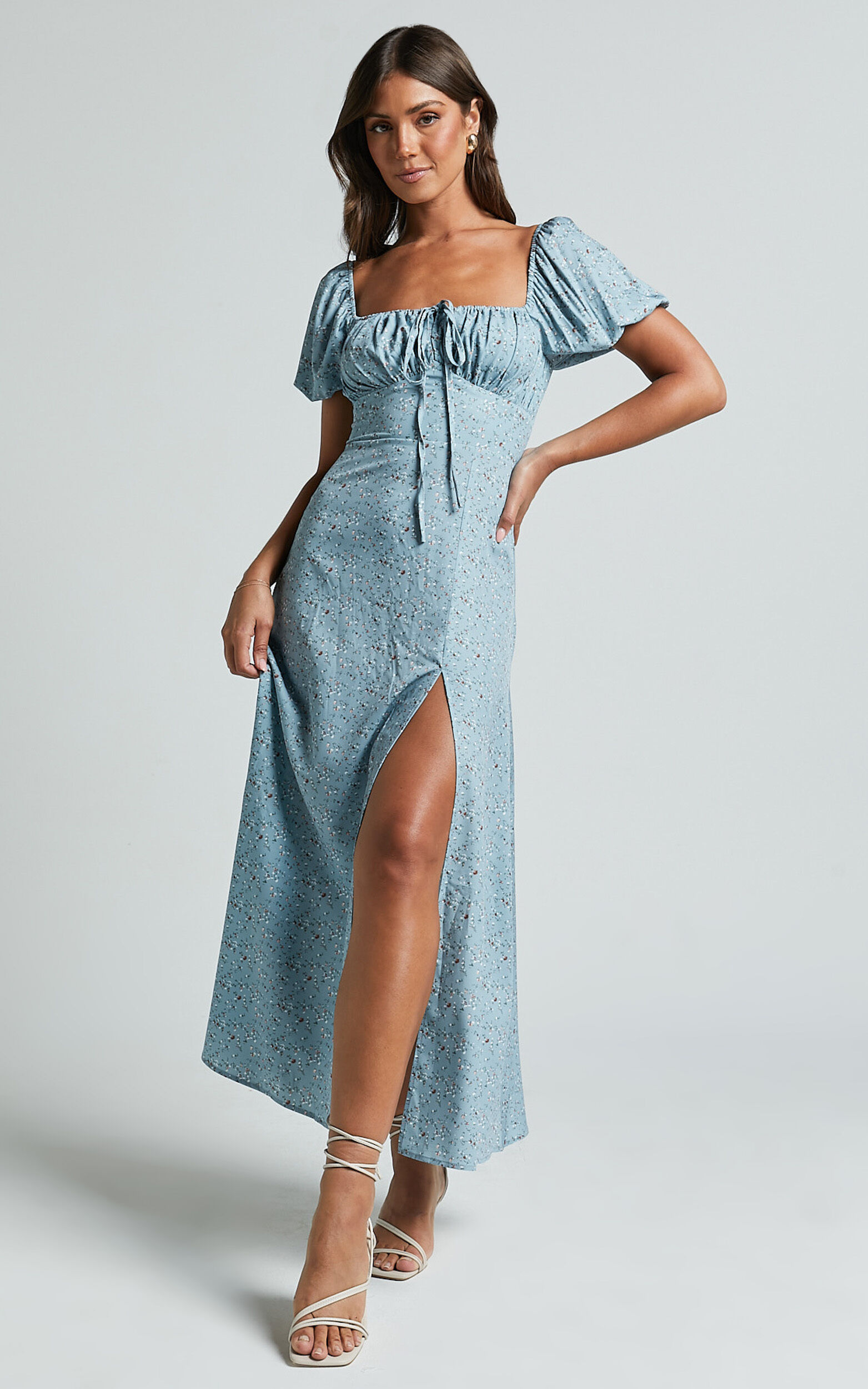 Zenny Midi Dress - Ruched Bust Floral Dress in Light Blue