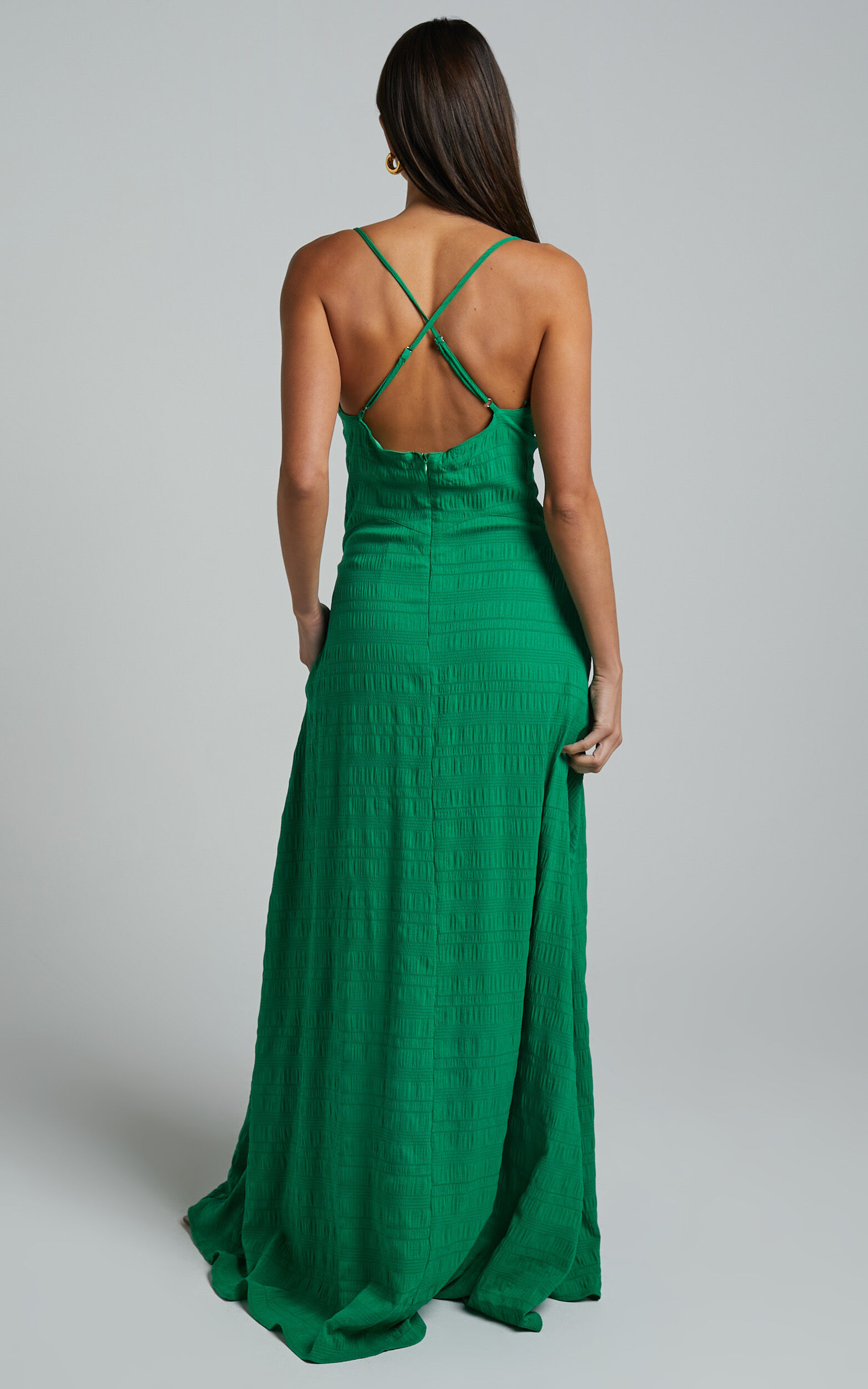 Marisse Maxi Dress - Cut Out Front Split Cross Back Textured Dress in Green