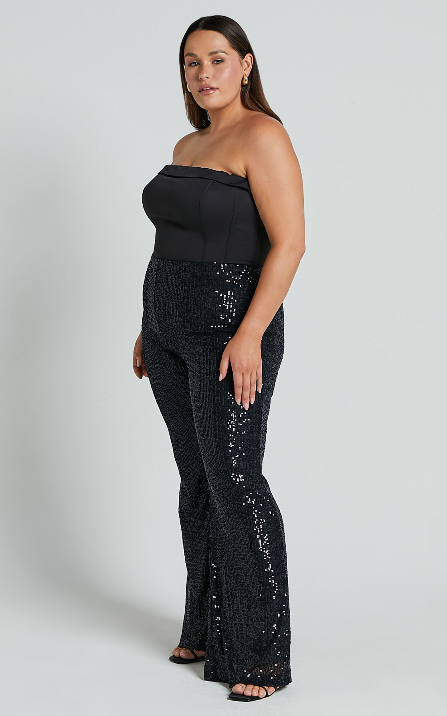 Deliza Pants - Mid Waisted Sequin Flare Pants in Black