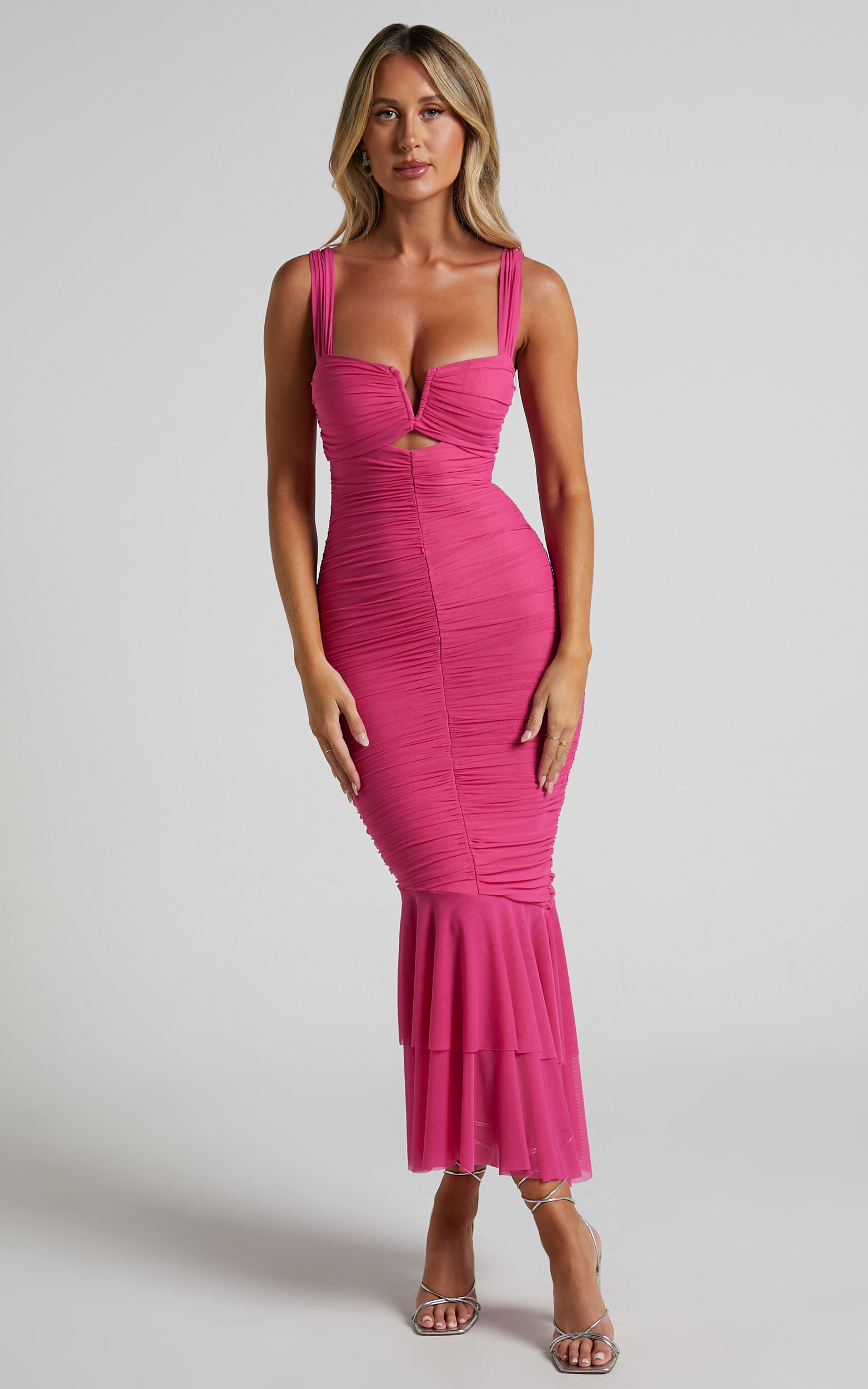 Kody Midi Dress - Bodycon Ruched Mesh Cut Out Dress in Hot Pink