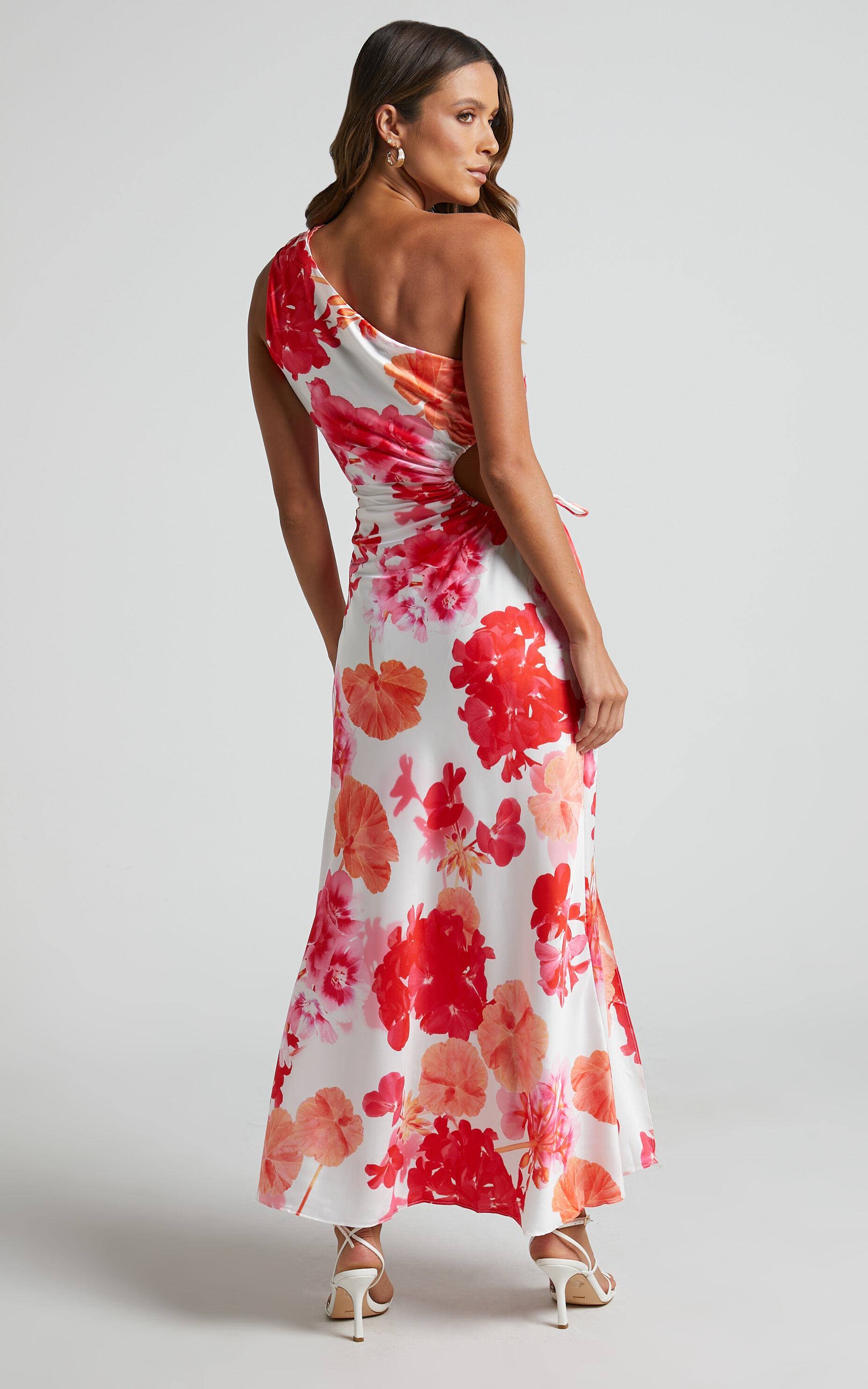 Leanora Maxi Dress - Side Cut Out One Shoulder Satin Dress in White Floral