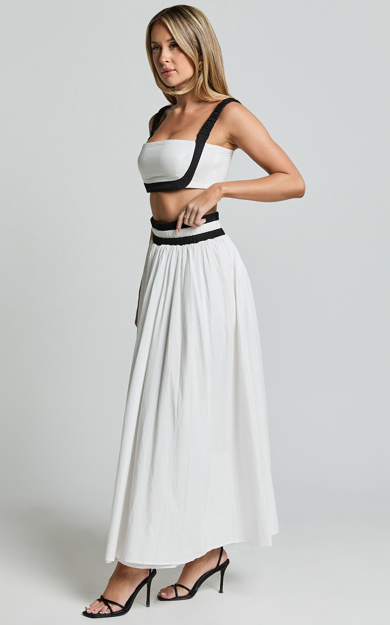Sapphire Two Piece Set - Contrast Band Crop Top and A Line Maxi Skirt in White & Black