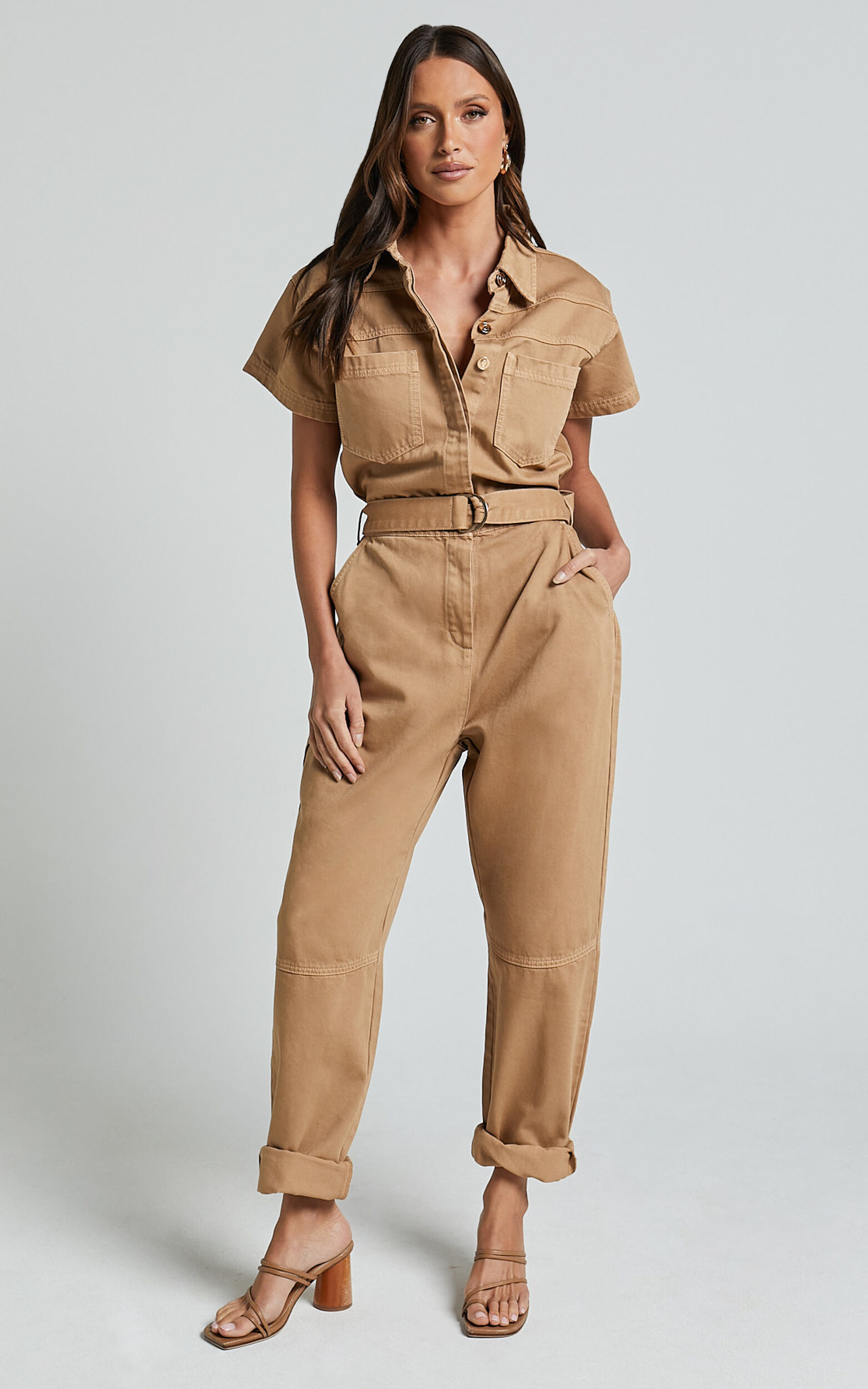 Amalie The Label - Havanah Recycled Cotton Denim Boiler Jumpsuit in Tobacco