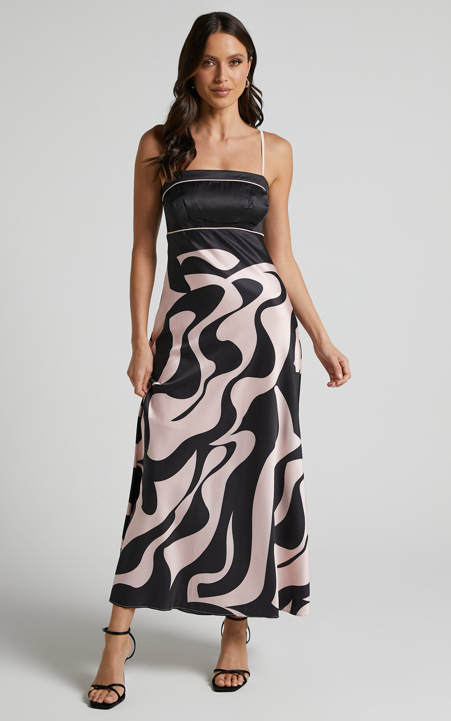 Angela Midi Dress - Thin Strap A Line Dress in Black & Cream Swirl