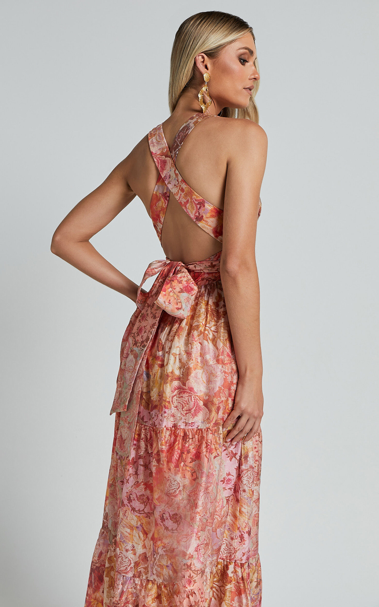 Amalie The Label - Monte Plunge Neck Tie Back Tiered Maxi Dress in Morocco Print