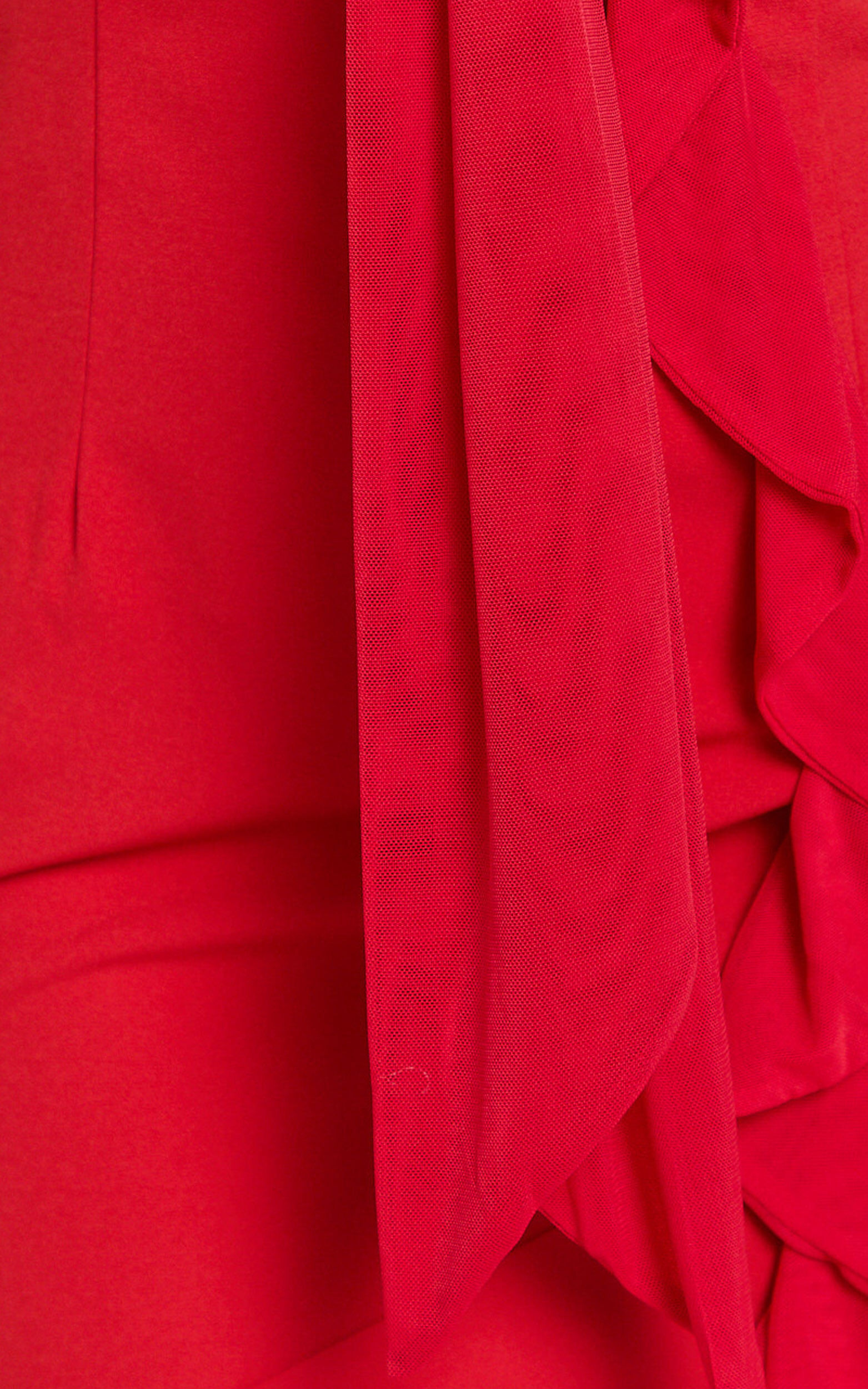 Lacie Maxi Dress - V Neck Bias Cut Ruffle Tie Front Dress in Red