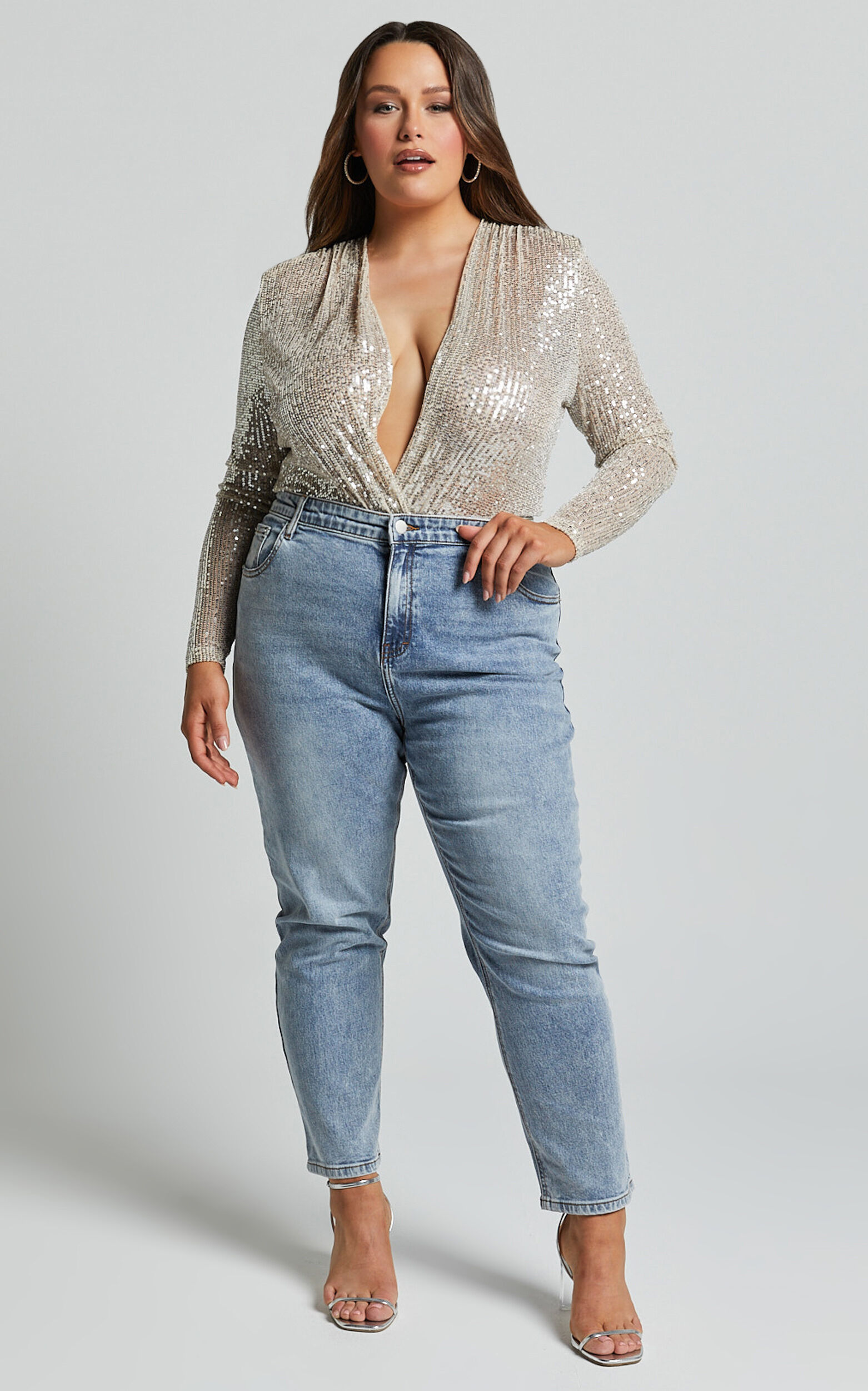 Alora Bodysuit - Sequin Wrap Front Long Sleeve Bodysuit in Silver